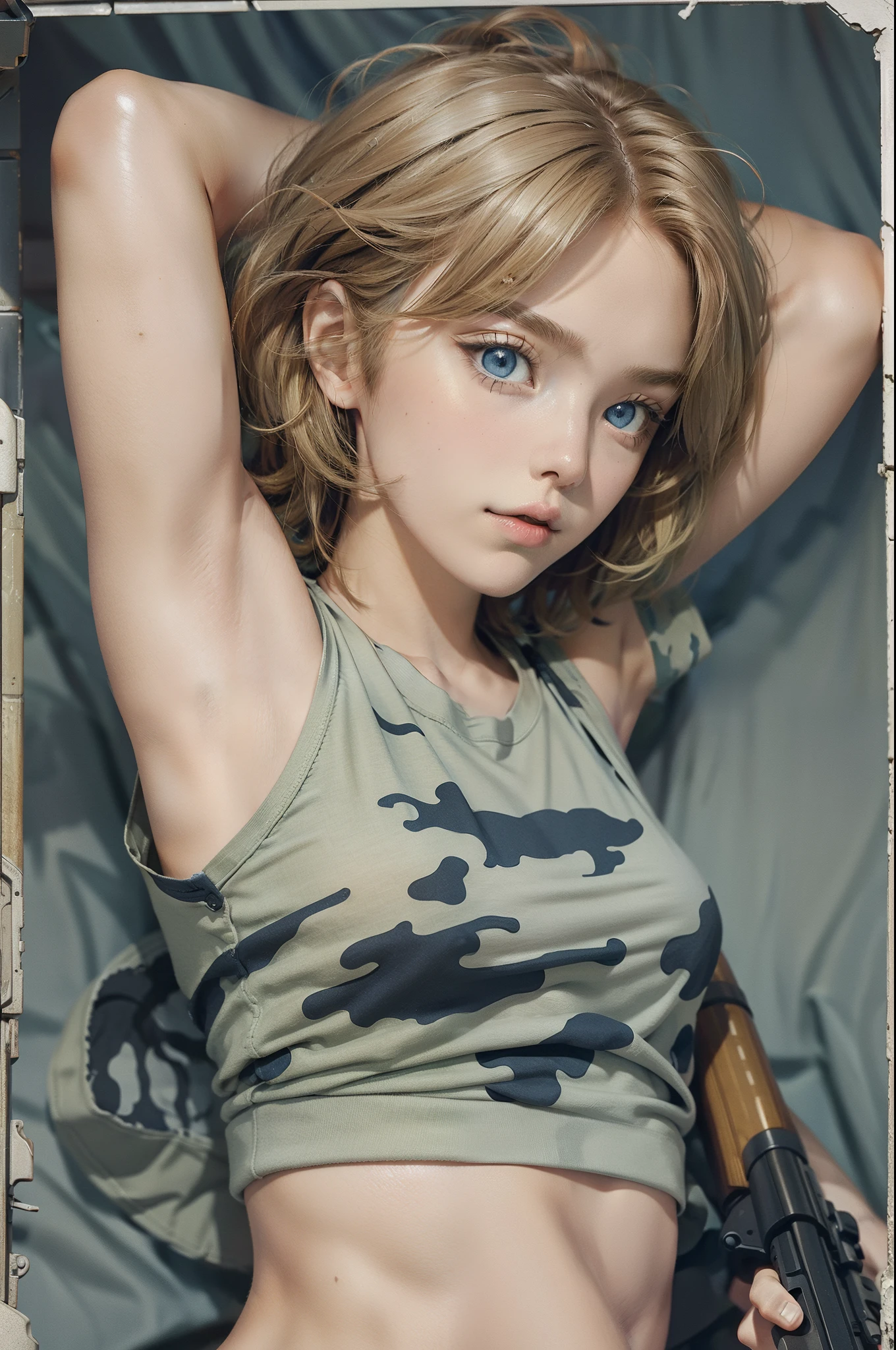 young girl, Short blonde hair, Blue eyes, Soldier camouflage uniform, sleeveless t shirt, Open Abdomen, Gun, Serious look, Masterpiece, High quality