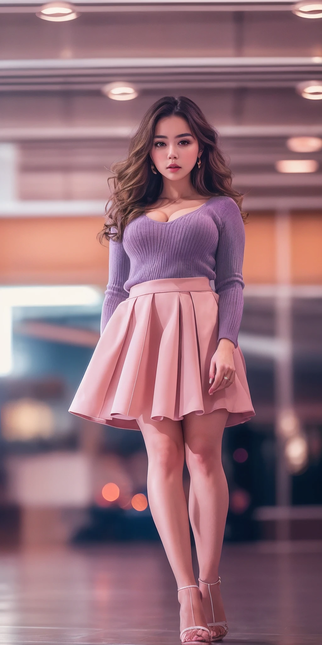 Photo of 21 year old girl, (brown hair with extra long wavy), ((portrait)), (Detailed face: 1.2)), (Detailed facial features)), (Fine skin), pale skin, high detail and deep cleavage, slim body, (cold color), reflection, (masterpiece) (Perfect proportions) (realistic photos) (highest quality), shot with Canon EOS R5, 50mm lens, f/2.8, HDR, (8k) (wallpaper) (movie lighting) (dramatic lighting) (sharp focus) (complex), (fashion, mini flared pastel skirt, heels), ((full body shot)), (studio background), ((from below))
