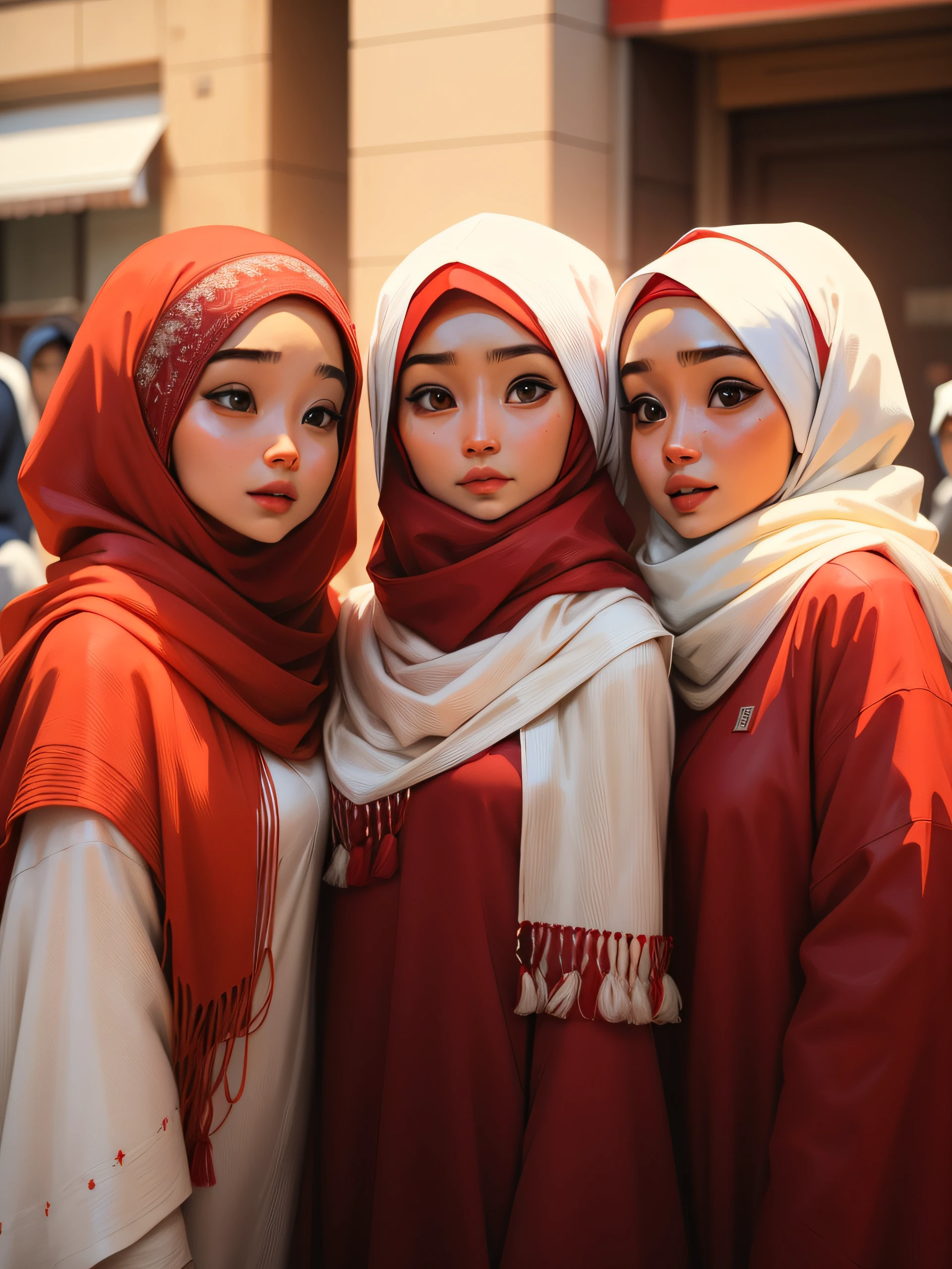 three girl in white and red hijabs are posing for a picture, cute face, beauty, close up, maroon red, hijab, shawl, white hijab, head scarf, emir, red scarf, reds, 3 colour, long hair shawl, malaysian, in crimson red, inspired by JoWOnder, scarf, red color, gradient maroon, coral red, inspired by Nazmi Ziya Guran