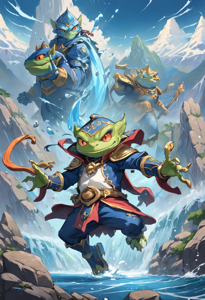 Rob Gonsalves/world of warcraft/Cuphead art style, vectorial, scribbles, Logo design, Anthropomorphic painting of a frog man,1.0 Wearing period costumes,Mage wears, Combat posture , In battle,Mountain and sea show in the background, simplistic design, RTX, hyper HD, cellshading, 32K, Ray tracing, The is well defined, Cartoon, Realistic, Drawing, Unreal Engine 5, rendering by octane, Shaders, 。.。.3D,water elemental,Release of the water column,technique ,Ninjutsu,The feeling of immortality ,jumpping 。