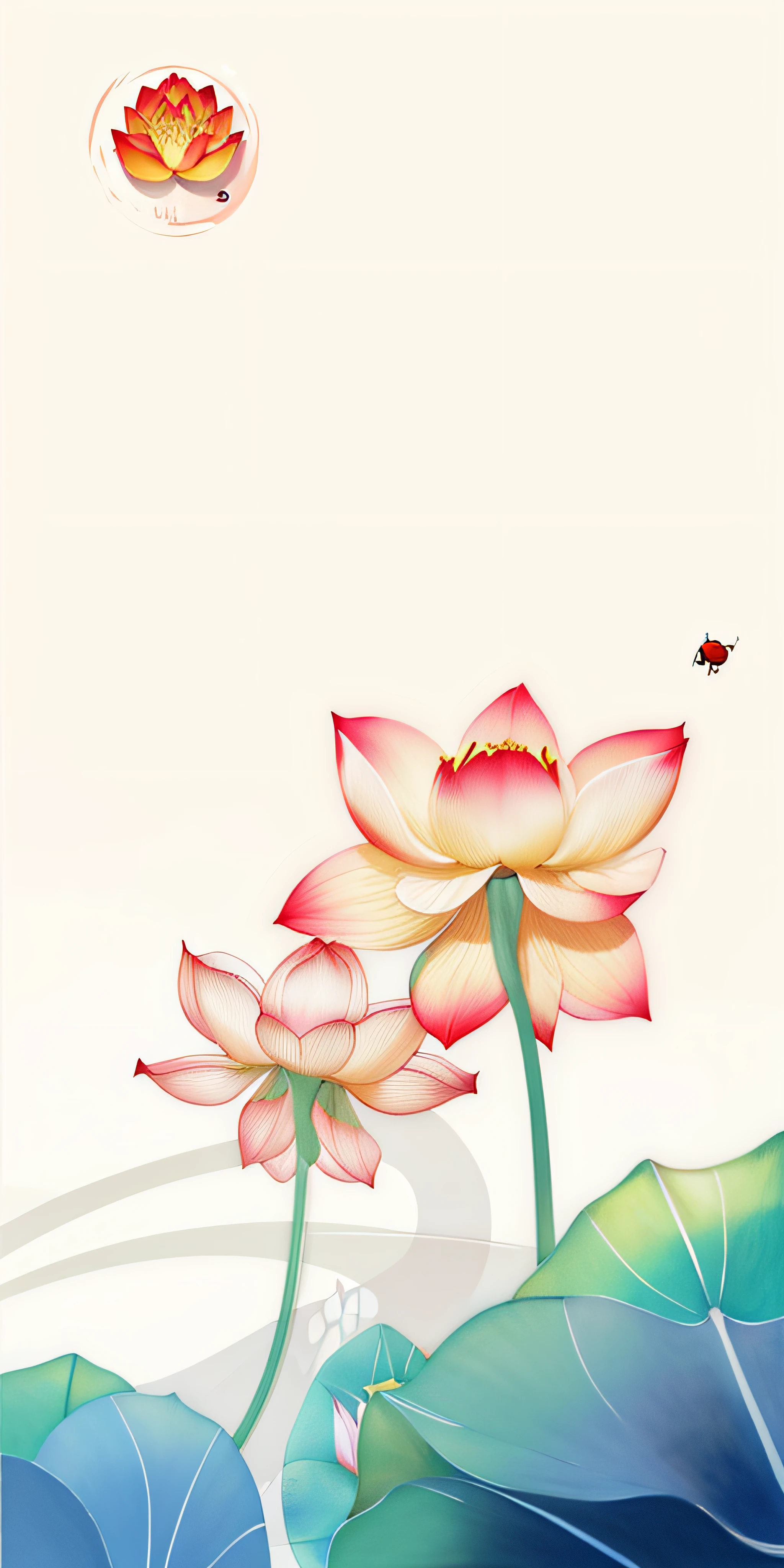 There is a painting of a flower and a ladybug flying in the sky, surreal waiizi flowers, lotus petals, lotuses, Chinese watercolor style, with lotus flowers, Middle metaverse, Lotus, Chinese painting style, lotuses, author：Cheng Jiasui, author：Yu Zheding, standing gracefully upon a lotus, author：Mei Qing