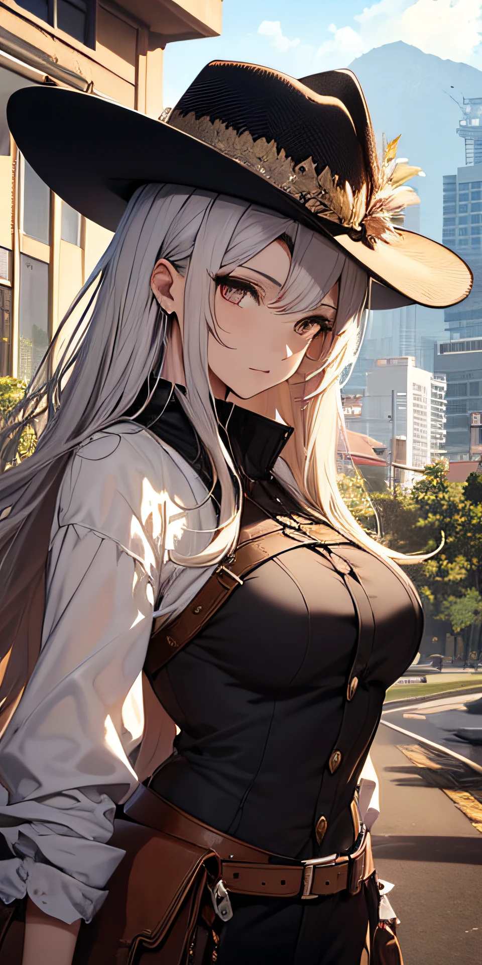 ((o melhor de sempre)), ((qualidade superior)), master part, velho oeste, melhor qualidade, garota, cabelos preto, busto, estilo anime, fundo de ambiente criado a partir de uma cidade do velho oeste, old western background, wearing cowboy hat