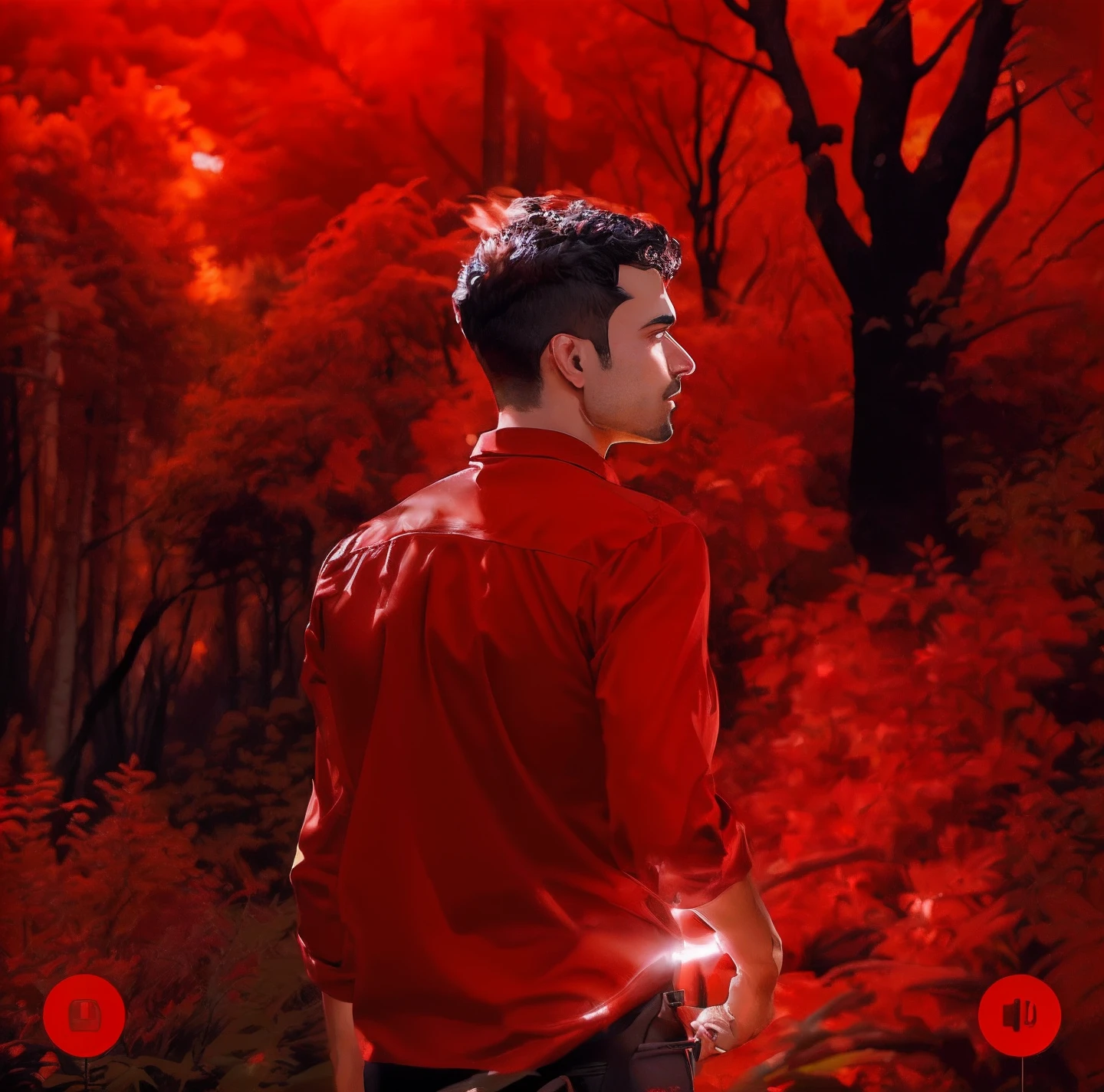 arafed man in a red shirt standing in front of a bush , background blur, profile pic, in front of a forest background where all thing start to burn ,and all trees and plants near to destroy cause of fire, profile pose, with his back turned, smooth in _ the background, distant full body shot, full body profile camera shot