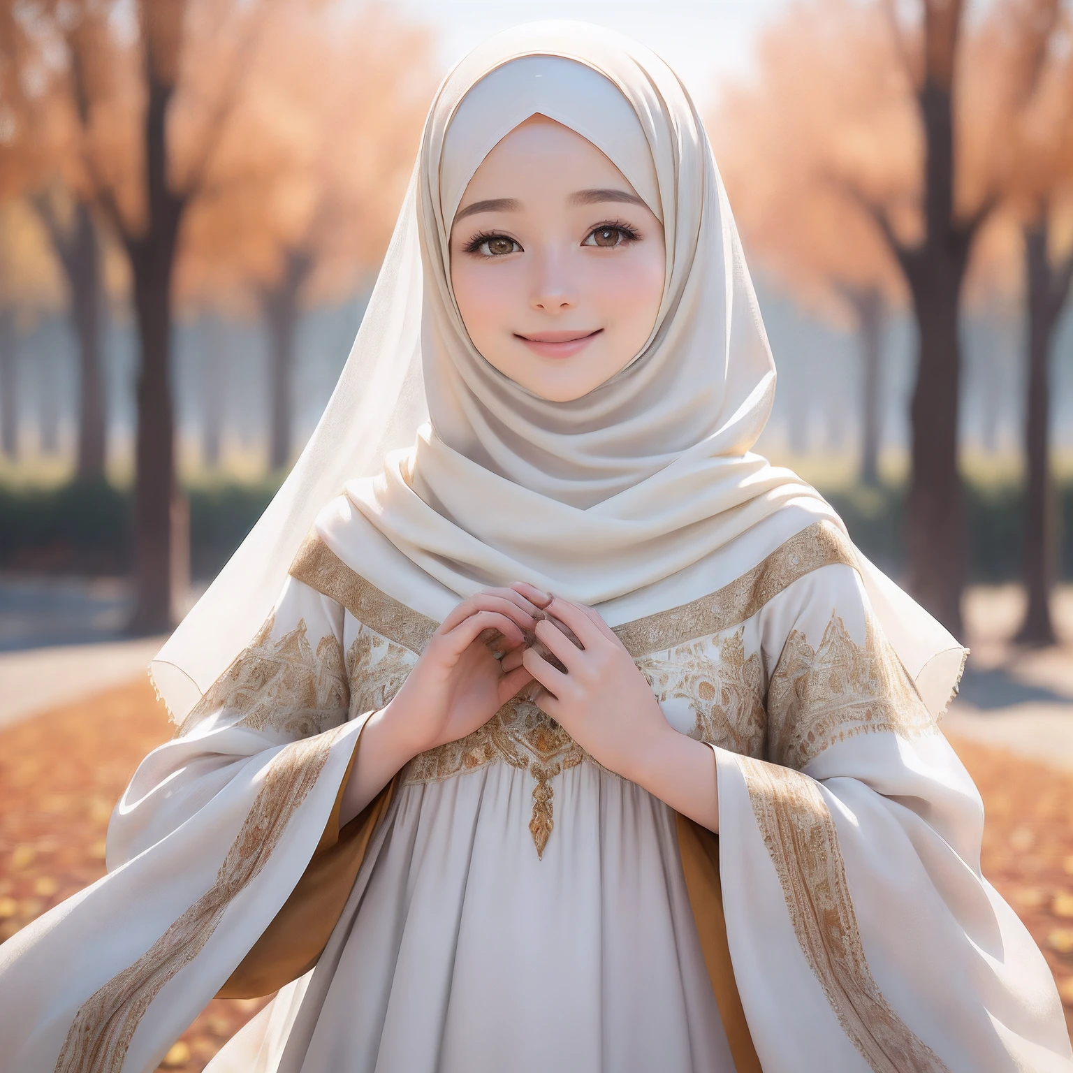 (RAW photo, best quality), (realistic, photo-realistic:1.3), 1 girl, solo girl, extremely delicate and beautiful, Amazing, finely detail, masterpiece, ultra-detailed, highres,(best illustration), (best shadow),intricate,depth of filed, On a summer afternoon, a lovely female muslim dress with tunic, pashmina hijabs, hijab, In the golden hues of autumn, creating a soothing sound, shine eyes, immersing herself in harmony with nature, No hair,(blurry background:1.4), sharp focus, volumetric fog, 8k UHD, high quality, (film grain:1.4), apertur f/1.4,