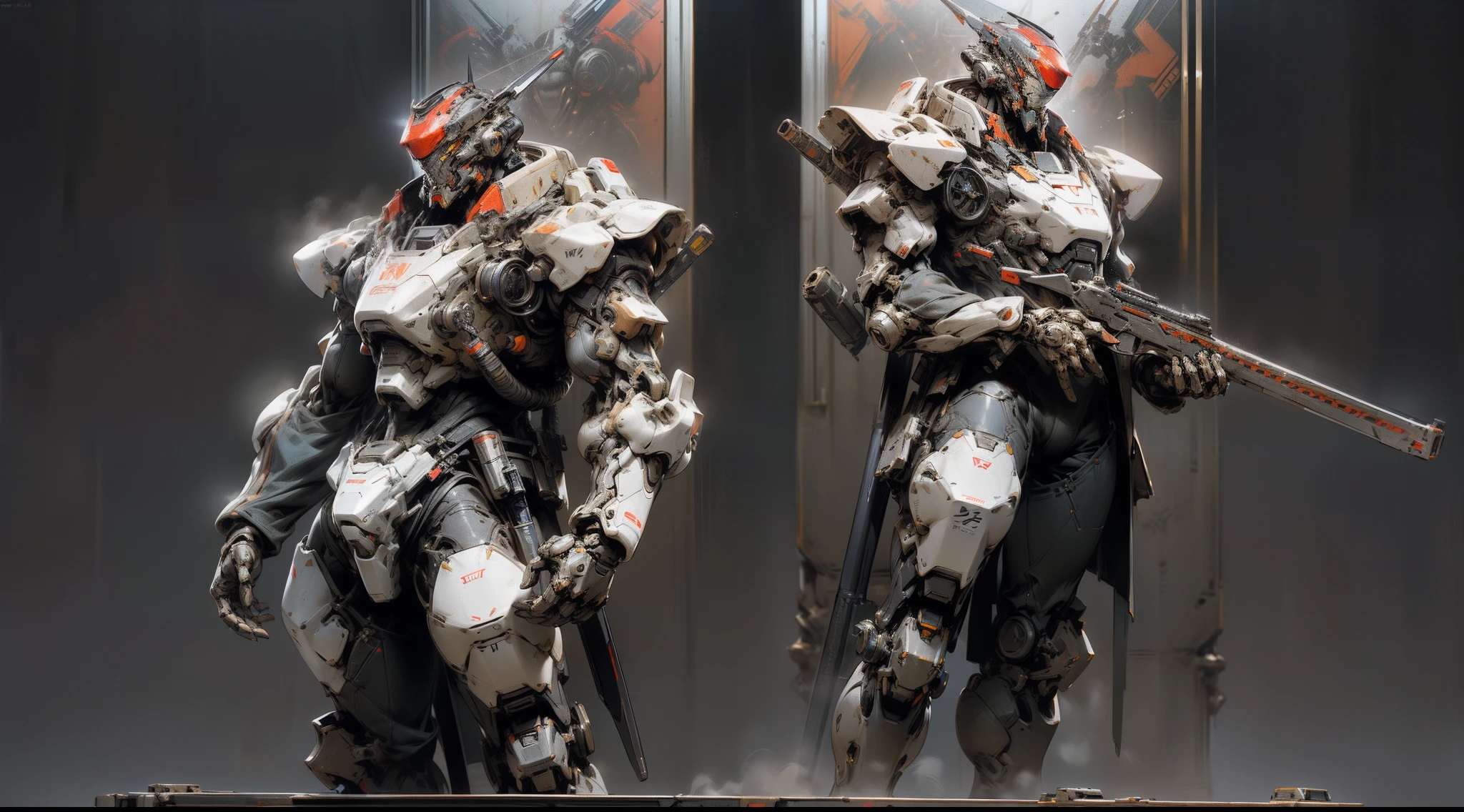 (no helmet), ((ninja)), ((black exoskeleton power suit)), (handheld weapons), ((huge rifle in left hand)), ((heated red sword in right hand)), ((thick mechanical legs to support its own weight)), ((thick mechanical arms and hands to support weight of weapons)), large engine for flight on back, metal ((Pilot is a man with short silver hair)), ((Pilot is naked)), Painted humanoid mecha, Detailed humanoid, Highly detailed CG society, Detail of mecha robot,, Hard surface model, Zubrus hard surface, Large laser gun and huge red sword on back, Platform AlaFed Robot, ((Pilot is naked)) Platform Alaafed Robot, Craig Mullins Style, 3D Octane Rendered Concept Art, Unreal Engine Character Art, High Quality Digital Concept Art, Hard Surface Concept Art, Akihiko Yoshida. Unreal Engine, concept art octane rendering, concept design art octane rendering, future soldier, inspired by Marek Ocon, CG artist, mech suit