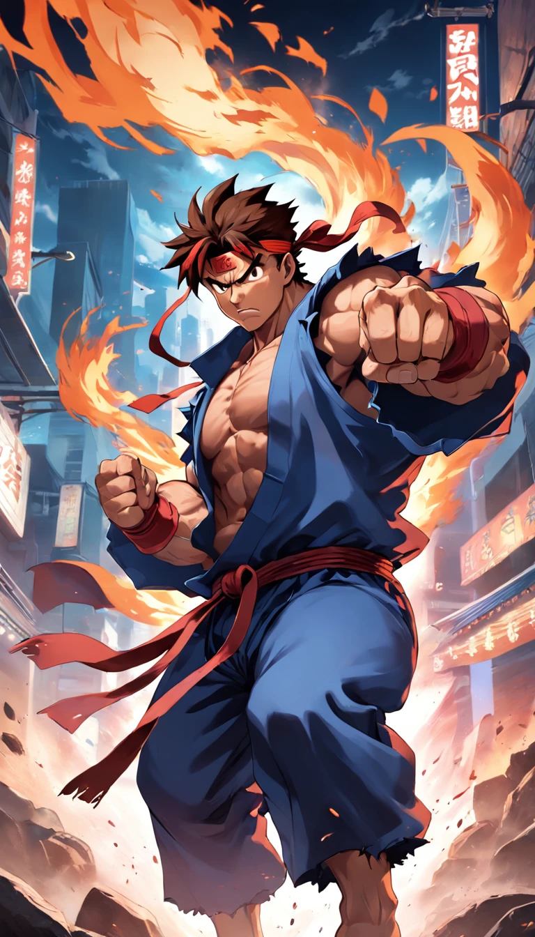 Ryu usando o hadouken , Scenario with destruction , imagem do akuma de fundo , Street Fighter style setting , imagens sem deformidades , melhor qualidade total , obra prima