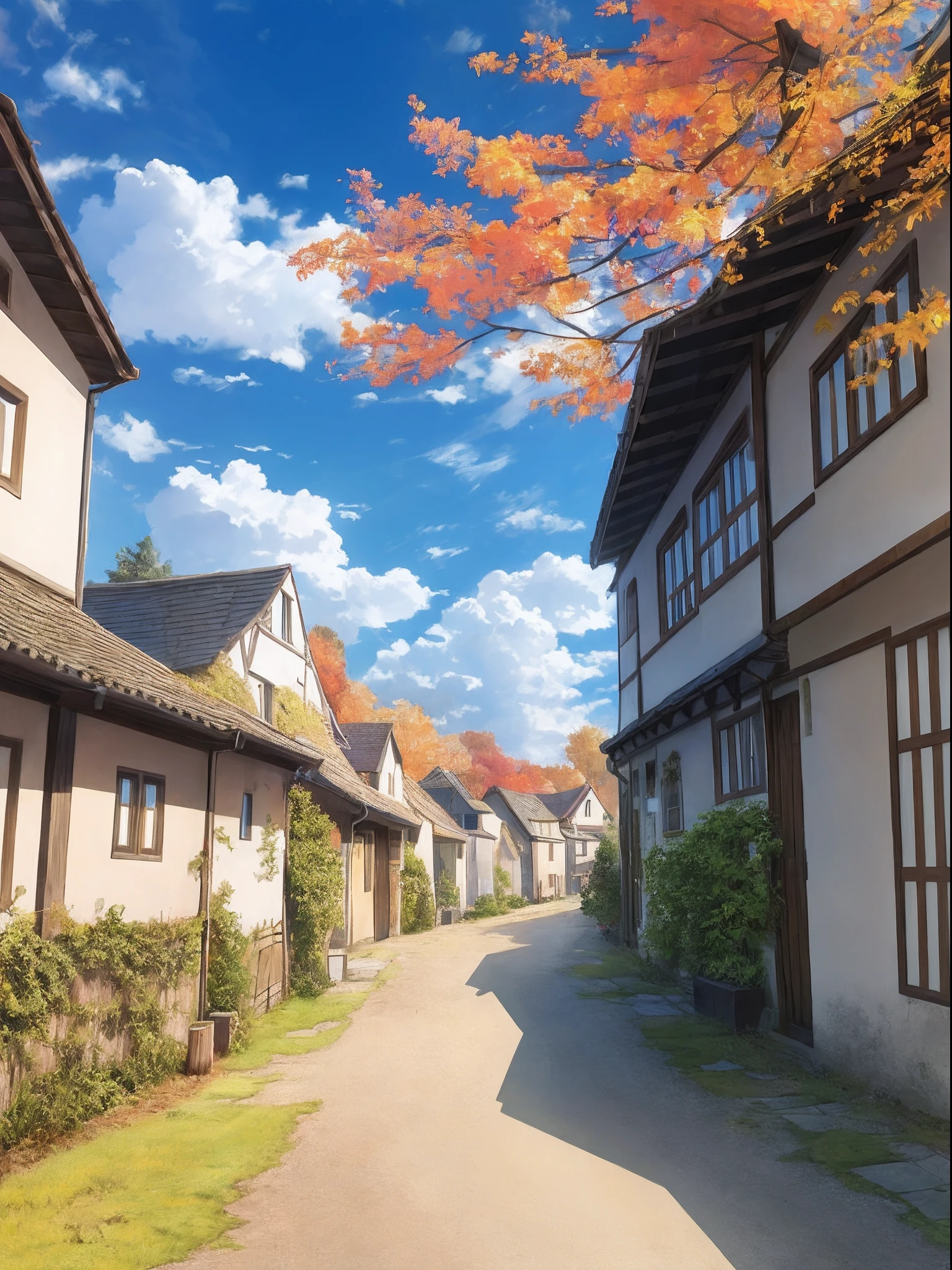 Village town, alley, morning, rural town, german architecture, autumn, day light, noon, blue sky, clouds, corners, bare ground, no pavement, few autumn trees, frontal view, anime style