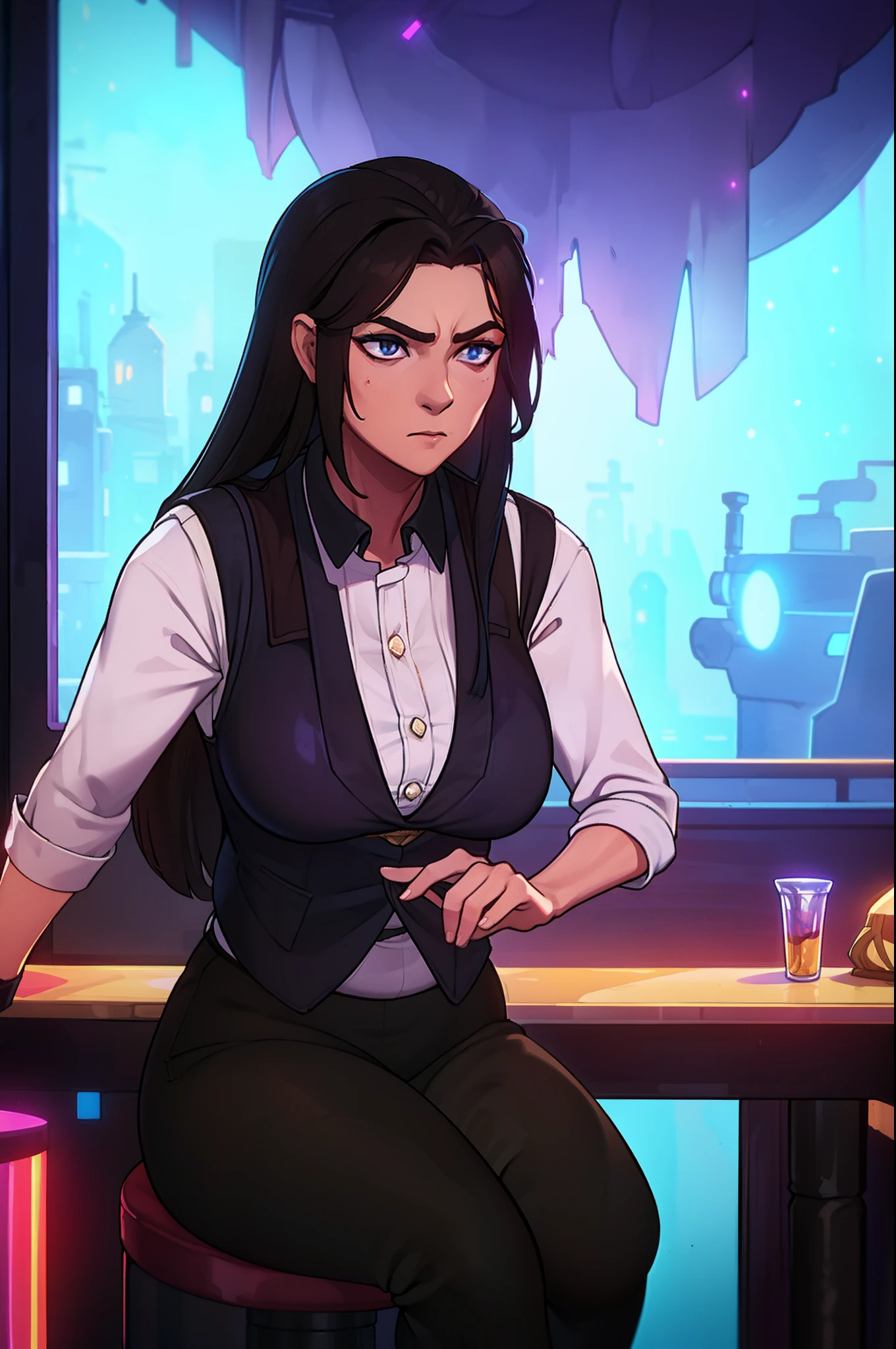 mature thicc female with dark brown long hair, wearing black business vest, wearing black business pants, sitting in bar, uv lights, unimpressed look on her face, owner