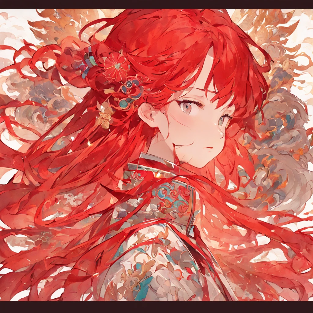 (White background:1.4),(Silhouette of a girl's head, Eyes open, Long red hair, Oriental elements)，(Chinese illustration:1.3，paper art:1.3, Quilted paper art:1.2),( reasonable design, Clear lines, High sharpness,Best quality, Very detailed, Masterpiece, movie light effect, 4K )