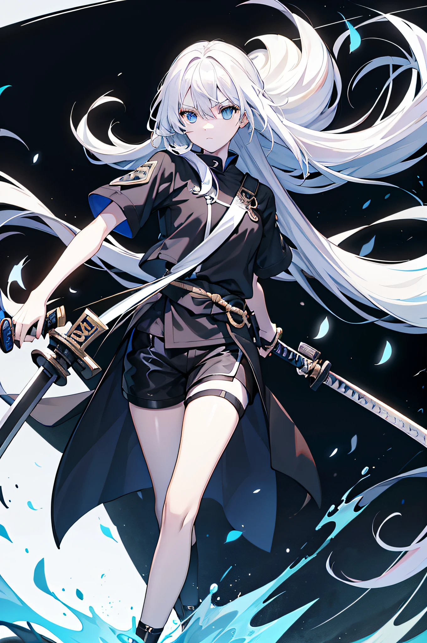 whaite hair,long whitr hair,Blue eyes,Black tunic,Black shorts,white short sleeve,katana swords,