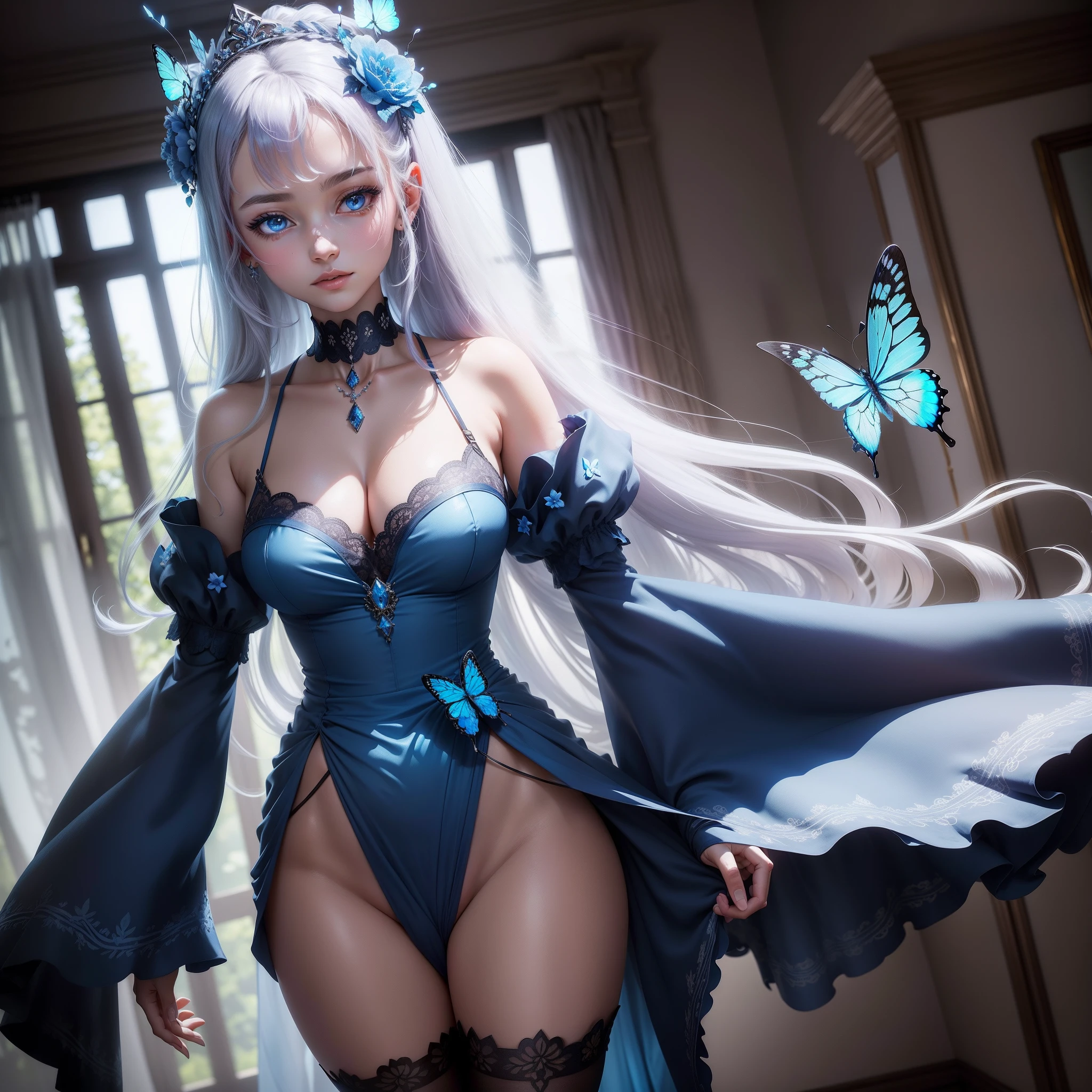(tmasterpiece, best qualityer: 1.4), detailedbackground, White Crystal, Crystal agglomerates, Long hair, jewely, 耳Nipple Ring, choker necklace, crowns, the bride, whaite hair, Halo, (High-altitude overlooking), dynamic angle, ultra - detailed, illustration, Close up, Looking directly at, 1girll, (fanciful: 1.4), (Purple eye: 1.233), His eyes sparkled like dreamy stars, (eye disease: 1.233), (Beautiful and delicate eyes: 1.1), (silber hair: 1.14), (hair messy, Very long hair, French braids, hair between eye, Sidehair), (+(Blue hairy flower: 1,14)), (chiffon dress, Uniform blue flower pattern)/= (army suit: 1,24), (Slit sleeves, longer sleeves), (Fingerless gloves), choker necklace, (Miko thighs), High boots, (flying translucent blue butterflies:1.15), (Without expression, draft), (standing on your feet), (Classic princess boudoir，With floor-to-ceiling dresser, white windows, old palace, white), (flor branca, full bloom), (abyssal), (Flowing water), (Dark Blue World Tree: 1,14), (废墟),(natta:1.2),visionary,seele,(fluorescence),(Flying translucent blue butterfly:1.15),[Delicate fingers and hands:0.55]::0.85], (Finger details), (yubao:0.5)