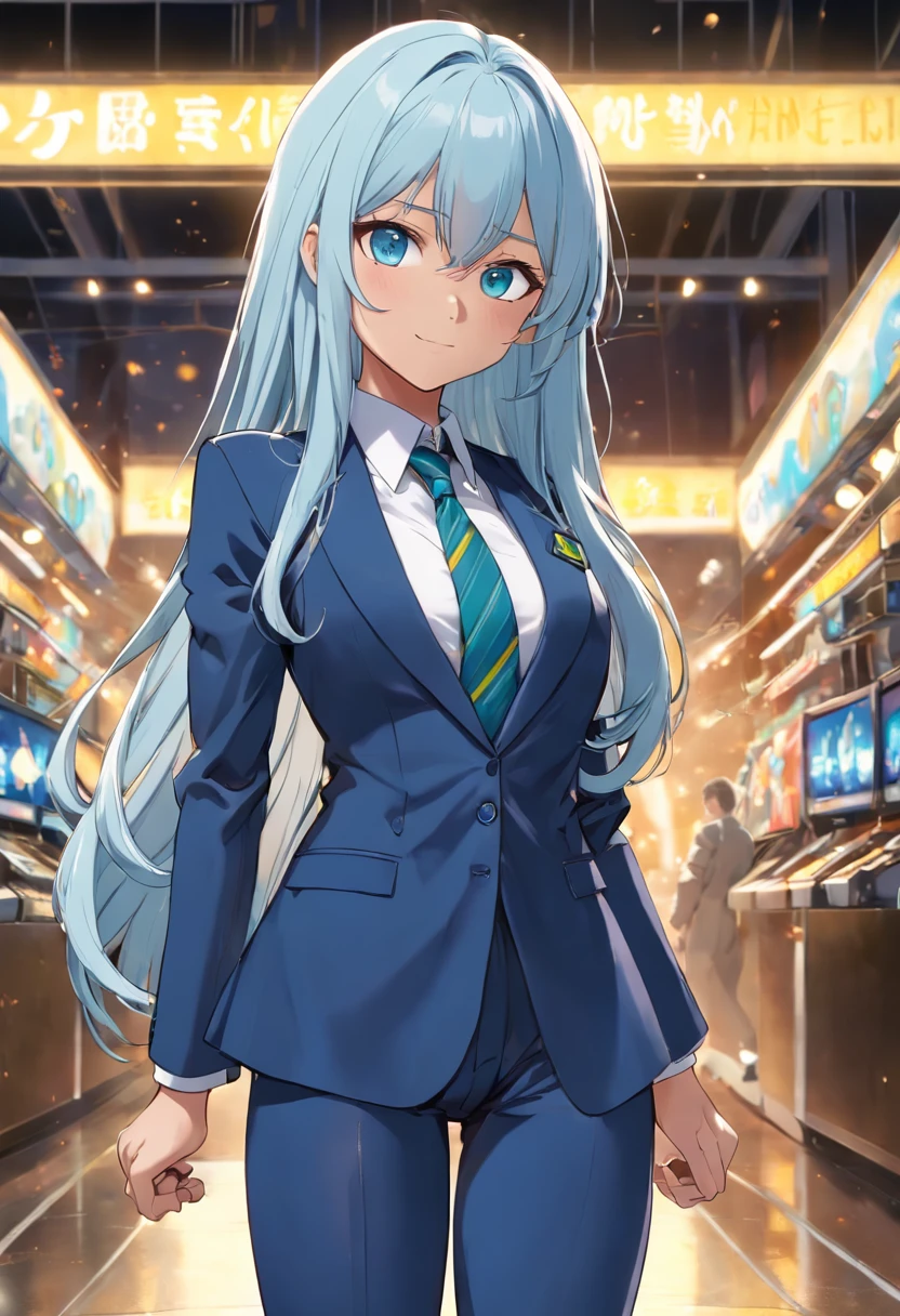 Full entire body of young Latina woman, tanned skin, perfect body, big blue eyes,  white collor hair,  very long and alive hair. dressed in business attire  suit  collored with  blue, yellow and green looking at to the camera and smilling  . ultrarealistic -- long  shot -- 3D --16:9 --anime -- 8k