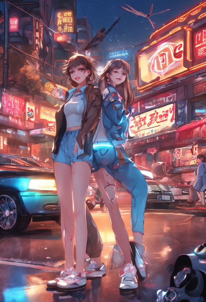 "Image Quality: 8K (Best Quality Scale: 1.2), Artistic Style: Realistic, Photorealistic Factor: 1.37, Clarity: Ultra High Definition, Subject: 2 s handsome boy and cute girl driving , different k pop outfit random hair blue, or brown neon color and other sbrown neon color, feather hair ornament, neon colors, flashes, stunning night sky, two Teenrandom boys or girls (16 yearsle Features: Pleasant Smile, Closed Mouth, Exquisite Details, Lovely Nose, Composition: Full Body, Damp Hair, Context: Amidst Colossal Dalsefo, Korean idol looks, k pop looks, clear symmetrical clear teeth, very detailed, car show model, sweet moment very funny