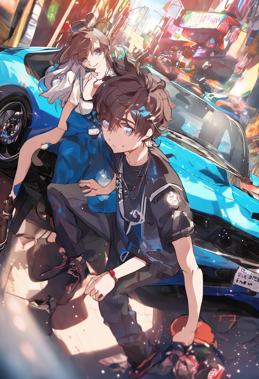 "Image Quality: 8K (Best Quality Scale: 1.2), Artistic Style: Realistic, Photorealistic Factor: 1.37, Clarity: Ultra High Definition, Subject: 2 teens handsome boy and cute girl driving , different k pop outfit random hair blue, or brown neon color and other sbrown neon color, feather hair ornament, neon colors, flashes, stunning night sky, two Teenage random boys or girls (16 years old), Notable Features: Pleasant Smile, Closed Mouth, Exquisite Details, Lovely Nose, Composition: Full Body, Damp Hair, Context: Amidst Colossal Dalsefo, Korean idol looks, k pop looks, clear symmetrical clear teeth, very detailed, car show model, sweet moment very funny