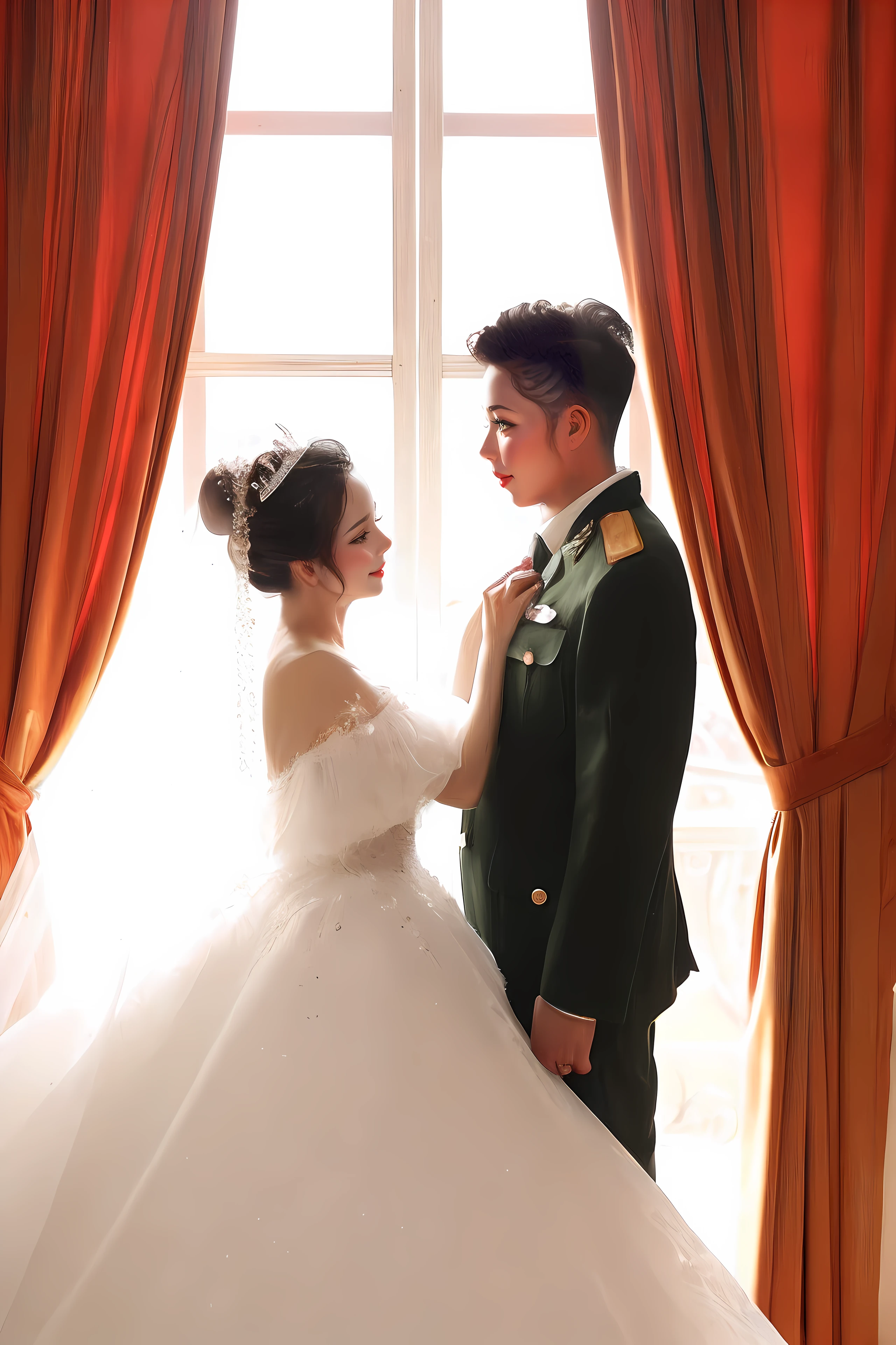The guy on the right is the police officer, smiling slightly, pursing his lips, the bride on the left is the bride smiling slightly, Realistic anime, Colorful Anime、the color of the dress or the color of the clothes is as advertised in professional magazines, Hair style metallic red or green nuggets, iridescent eyebrows, beautiful glitter, attractive curves, dimpled cheeks, genuine, dimpled cheeks, bright red lips, bright scene, background bokeh, candy green tree lines, white human skin, bright, realistic face, like a professional portrait, DSLR, niji style,portrait, simple background,realistic, bare_shoulder, cleavage,