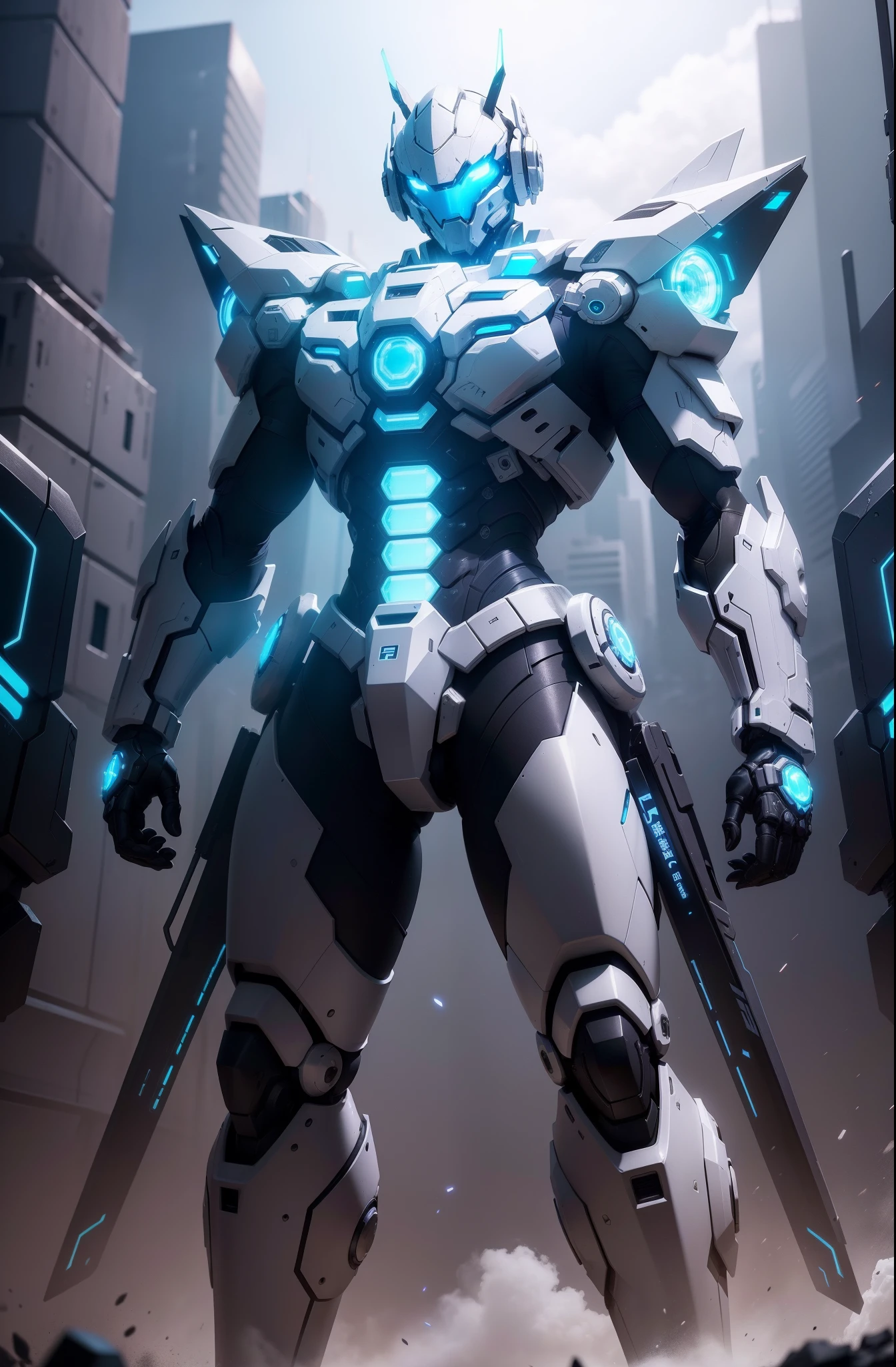 The details are super complex，super wide shot, Full body frontal photo, (Masterpiece) ，Future tech wind，White mech，The eyes glow a dazzling blue light，Like enforcers，Standing tall，Armed with a mechanical greatsword，Battle Black Mech，4K，8K，photorealestic，best qualtiy，neon-light-effect，Hyper-detailing，Mechanical texture，The fluorescence emitted by the scene looks cooler，full bodyesbian，The scene is cool and technological