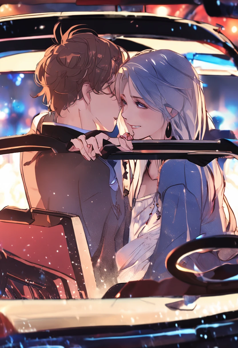 "Image Quality: 8K (Best Quality Scale: 1.2), Artistic Style: Realistic, Photorealistic Factor: 1.37, Clarity: Ultra High Definition, Subject: 2 teens handsome boy and cute girl driving , different k pop outfit random hair blue, or brown neon color and other sbrown neon color, feather hair ornament, neon colors, flashes, stunning night sky, two Teenage random boys or girls (16 years old), Notable Features: Pleasant Smile, Closed Mouth, Exquisite Details, Lovely Nose, Composition: Full Body, Damp Hair, Context: Amidst Colossal Dalsefo, Korean idol looks, k pop looks, clear symmetrical clear teeth, very detailed, car show model, sweet moment very funny