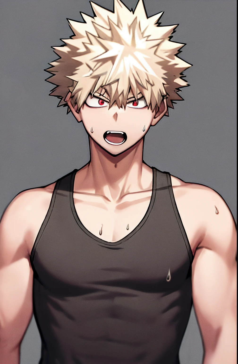 horikoshi kouhei, 1boy, absurdres, bakugou katsuki, bare shoulders, black tank top, blonde hair, blurry, blurry background, boku no hero academia, chama kou, highres, looking away, male focus, muscular, muscular male, open mouth, red eyes, short hair, spiked hair, sweat, tank top,