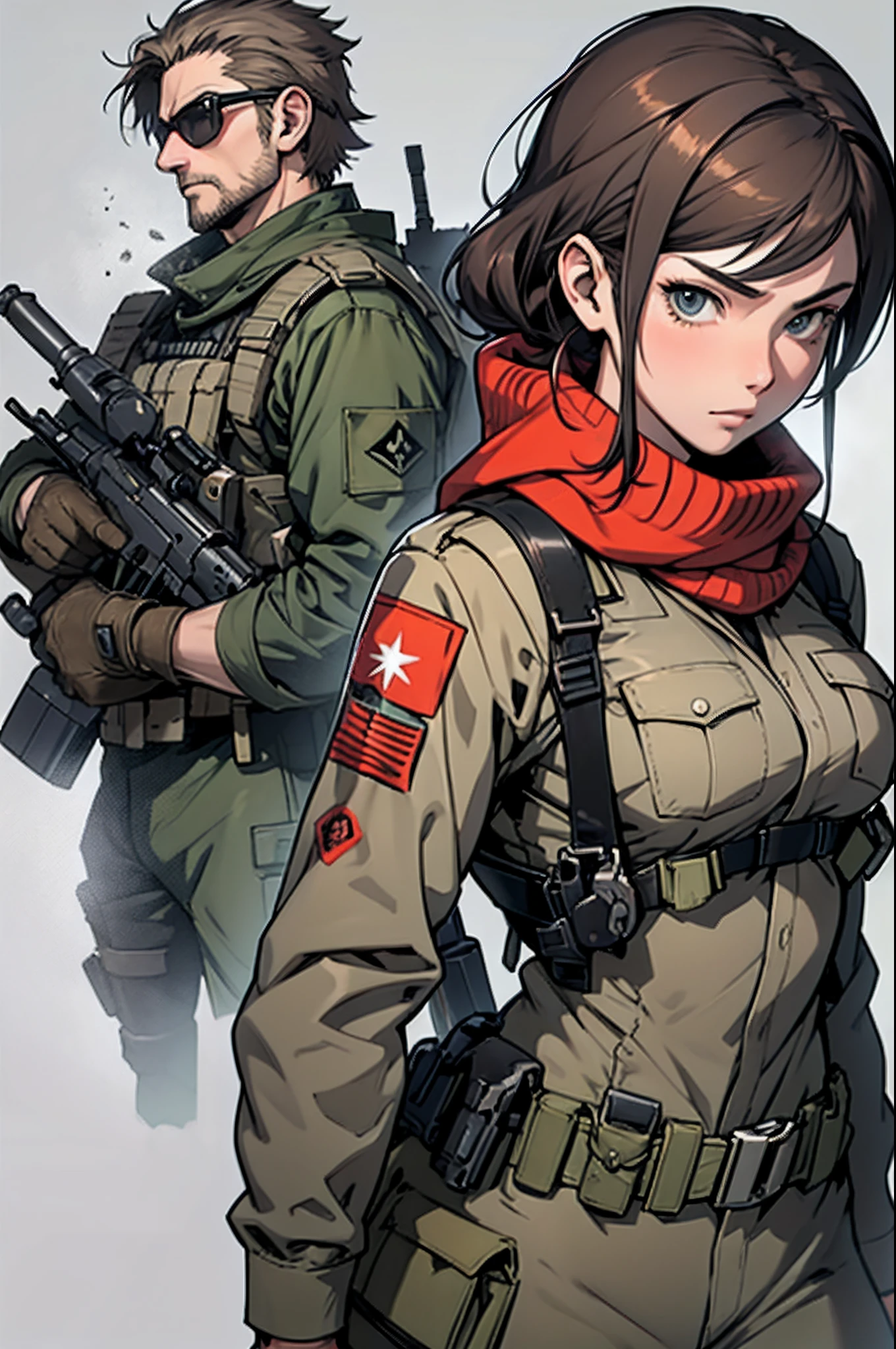 Japanese anime style. metal Gear. woman. army soldier. scarf. machine gun. Are standing. Whole body. --auto --s2
