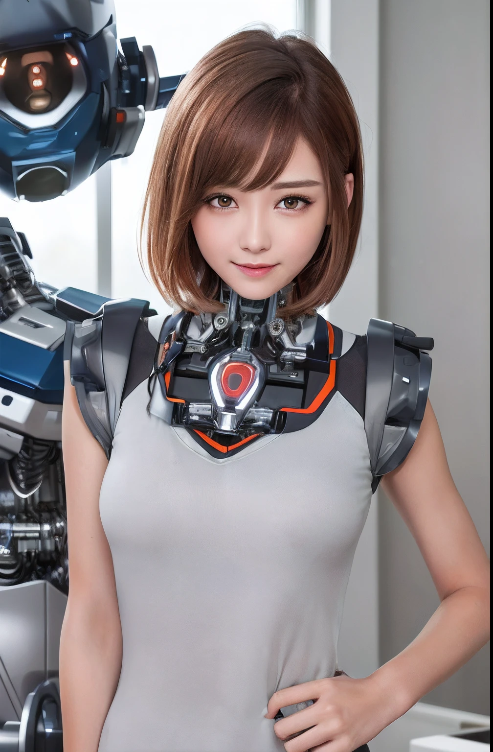 Cybernetic arm and glowing robot cyber girl,(Sheer and revealing costumes:1.3, ),(Nurse robot cyber girl in fluffy nurse clothes:1.3), (Robot shining behind:1.3),Powerful nurse robot working in robot factory,Glossy light brown and orange striped shorthair,Cute smile,Perfect round face,A cheerful smile that makes the viewer happy,Proper body proportion,masutepiece,Super high-quality output images,hight resolution,Intricate details,Hair fluttering in a very delicate and beautiful wind,photos realistic,Dreamy,Professional Lighting,realistic shadow,Solo Focus,Beautiful hands,Beautiful fingers,Detailed finger features,detailed clothes features,Detailed hair features,detailed facial features,