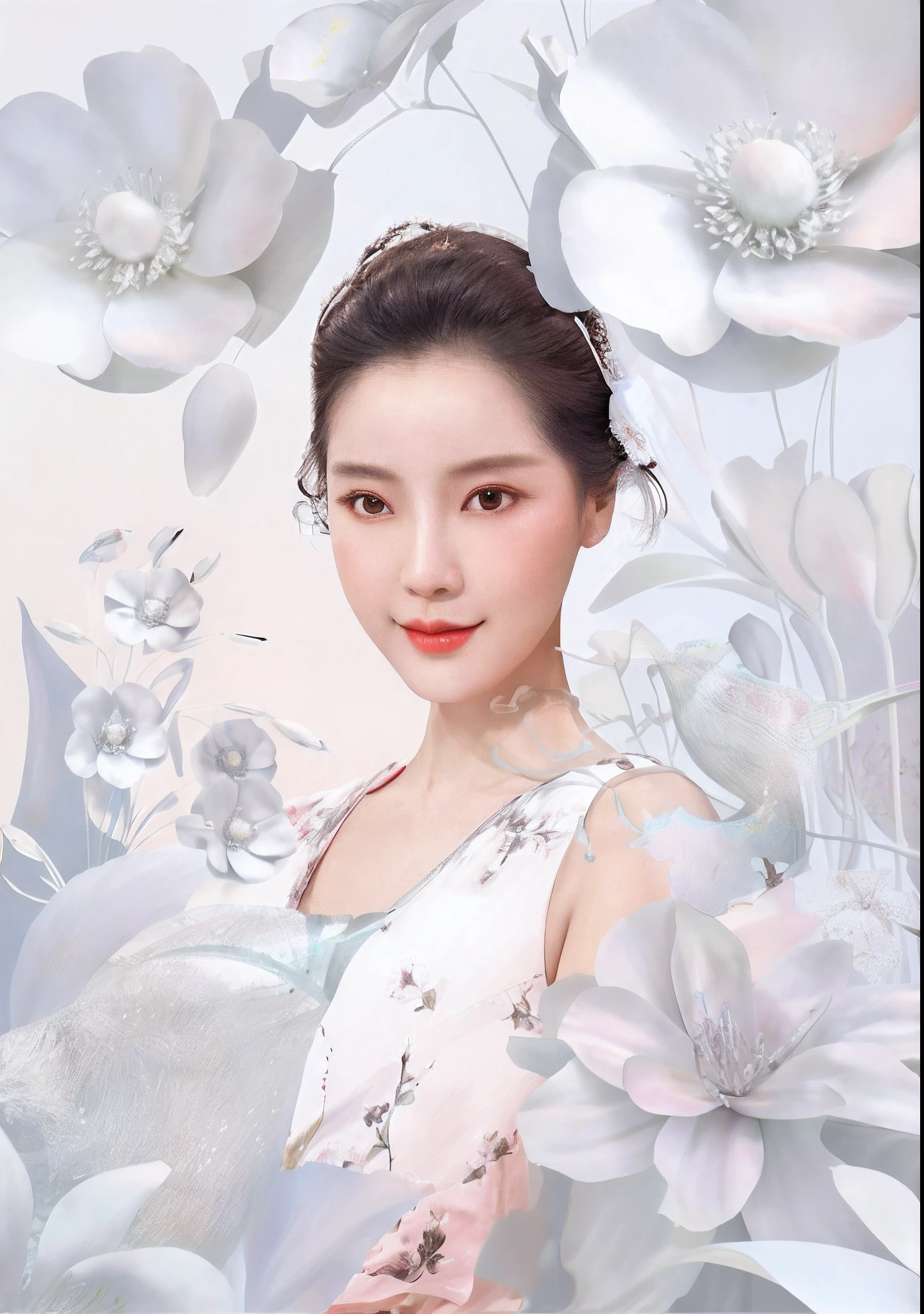 There is a woman in white dress,There are flowers on it, Beautiful digital artwork, digital art of an elegant, A beautiful artwork illustration, Inspired by Huang Ji, Exquisite digital illustration, Porcelain white skin, Inspired by Ai Xuan, Inspired by Tang Yifen, inspired by Wen Jia, beauty campaign, Zhang Jingna, beautiful digital art, White porcelain skin