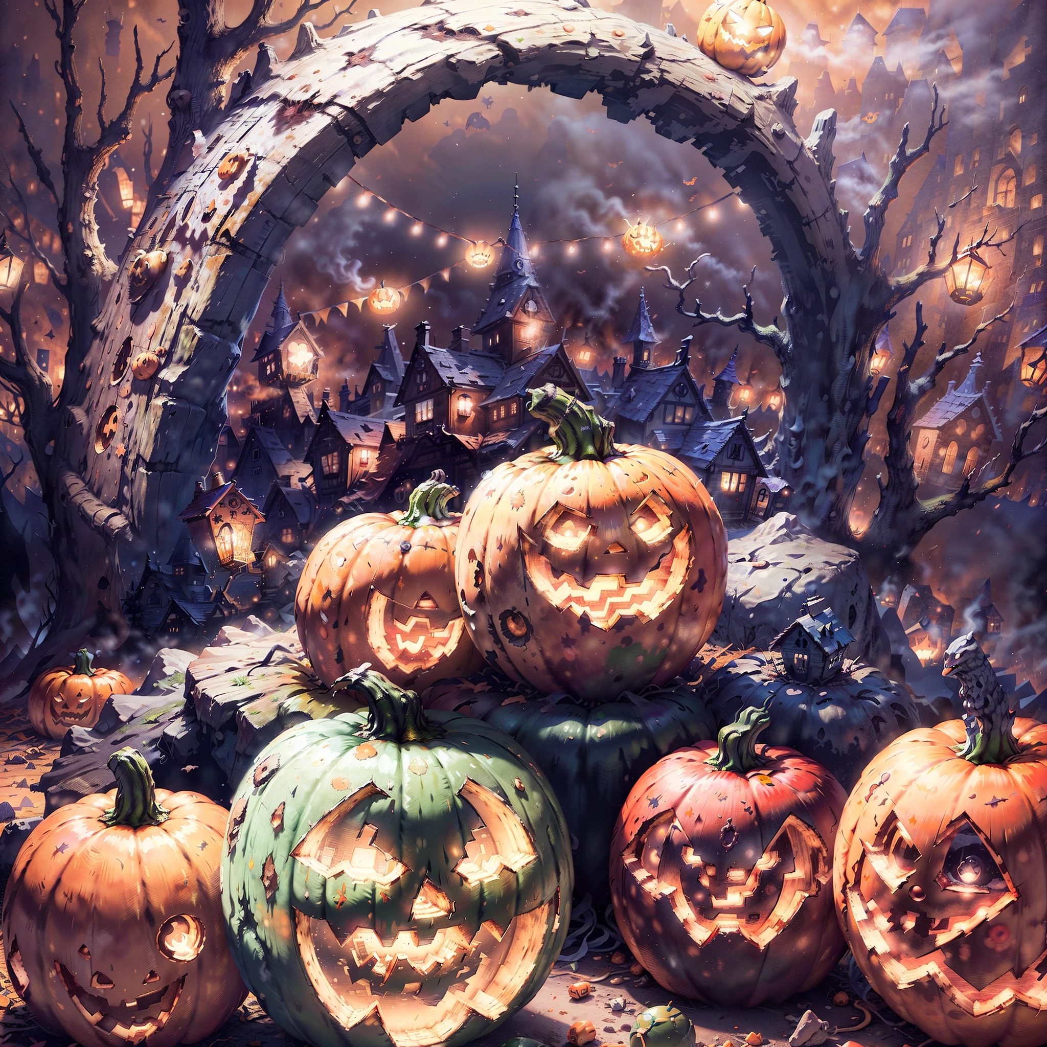 Mini\(Ttp\), (8k, RAW Photo, best quality, masterpiece:1.2), colored background, clean background, depth of field, Halloween house, Pumpkin, Ghosts, mist, ,Miniature, isometric, in Ball crystal,