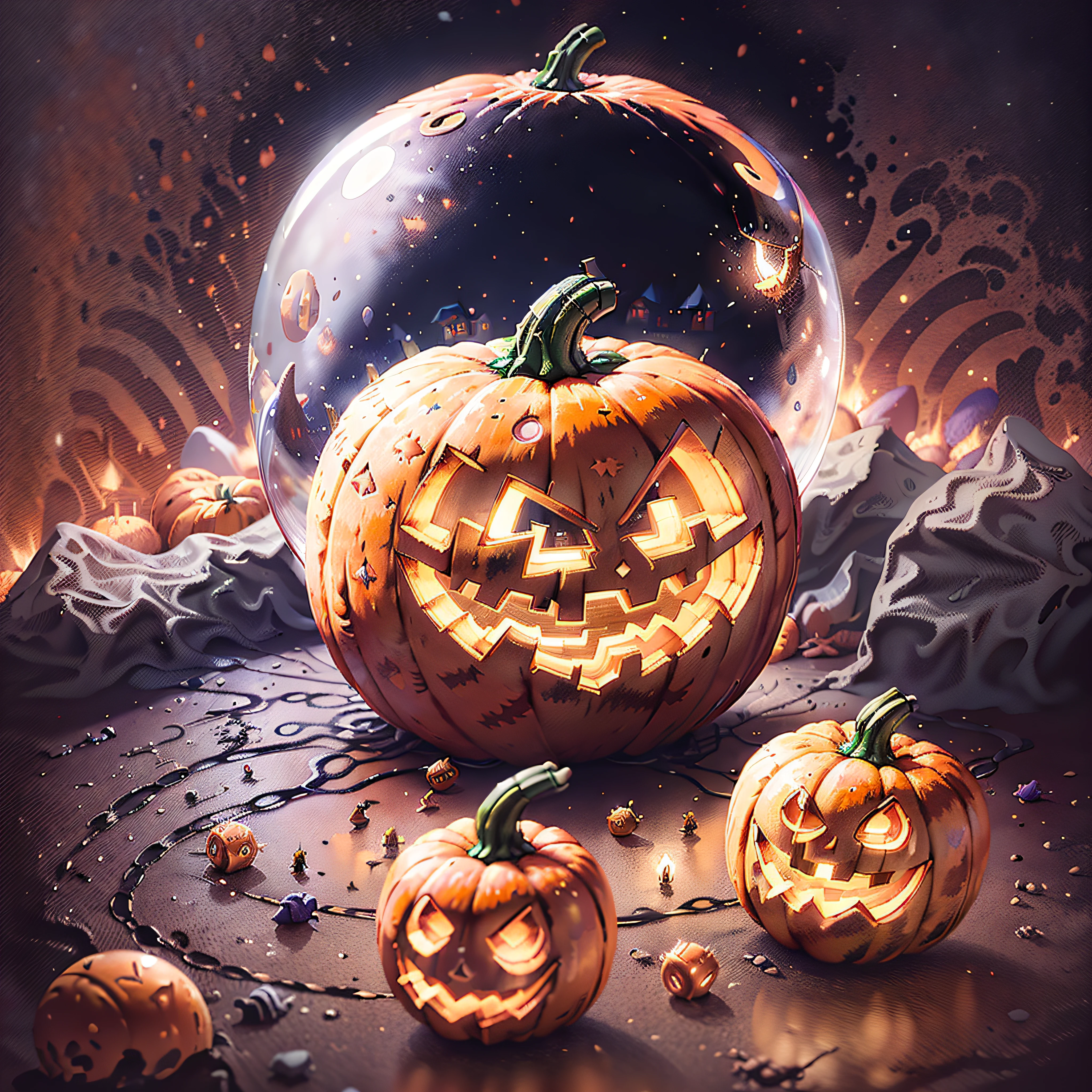 Mini\(Ttp\), (8k, RAW Photo, best quality, masterpiece:1.2), colored background, clean background, depth of field, Halloween house, Pumpkin, Ghosts, mist, ,Miniature, isometric, in Ball crystal,