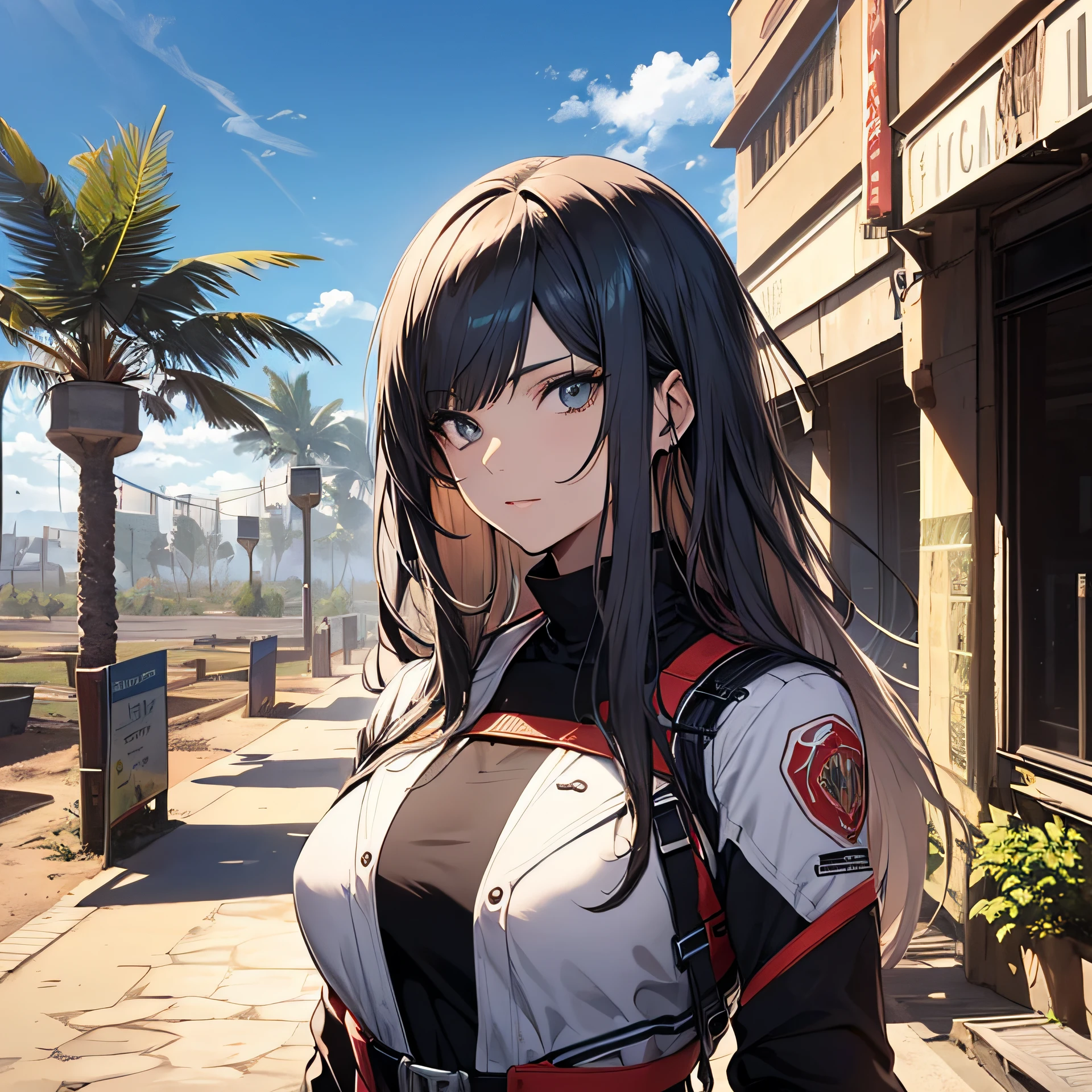 ((o melhor de sempre)), ((qualidade superior)), master part, oceanpunk, melhor qualidade, garota, cabelos loiro, busto, roupas pretas, estilo anime, Background of civilization created from the desert