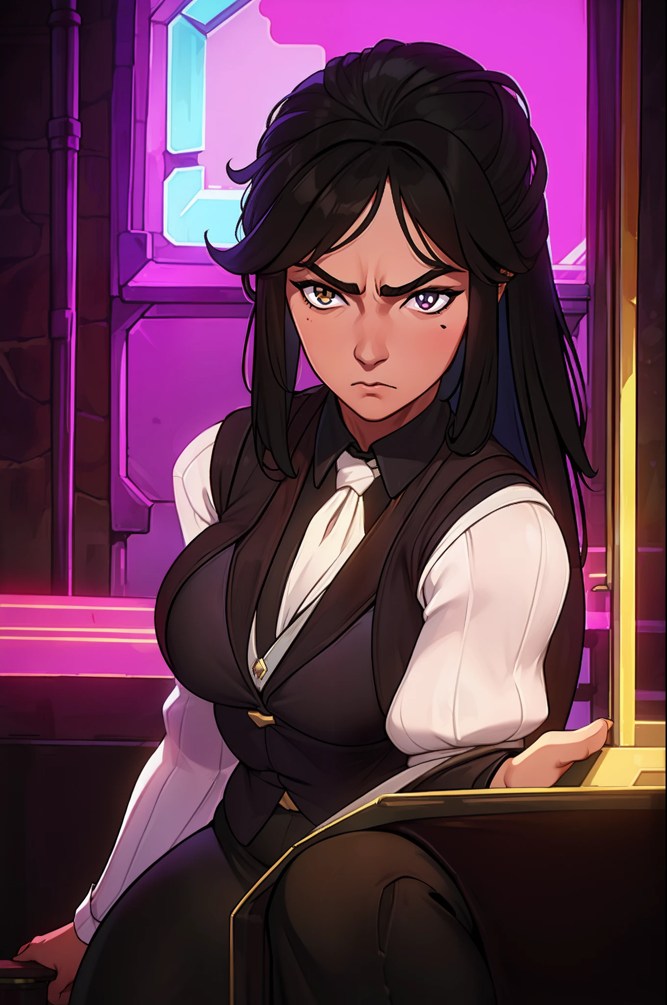 mature thicc female with dark brown long hair, wearing black business vest, wearing black business pants, sitting in bar, uv lights, unimpressed look on her face, owner