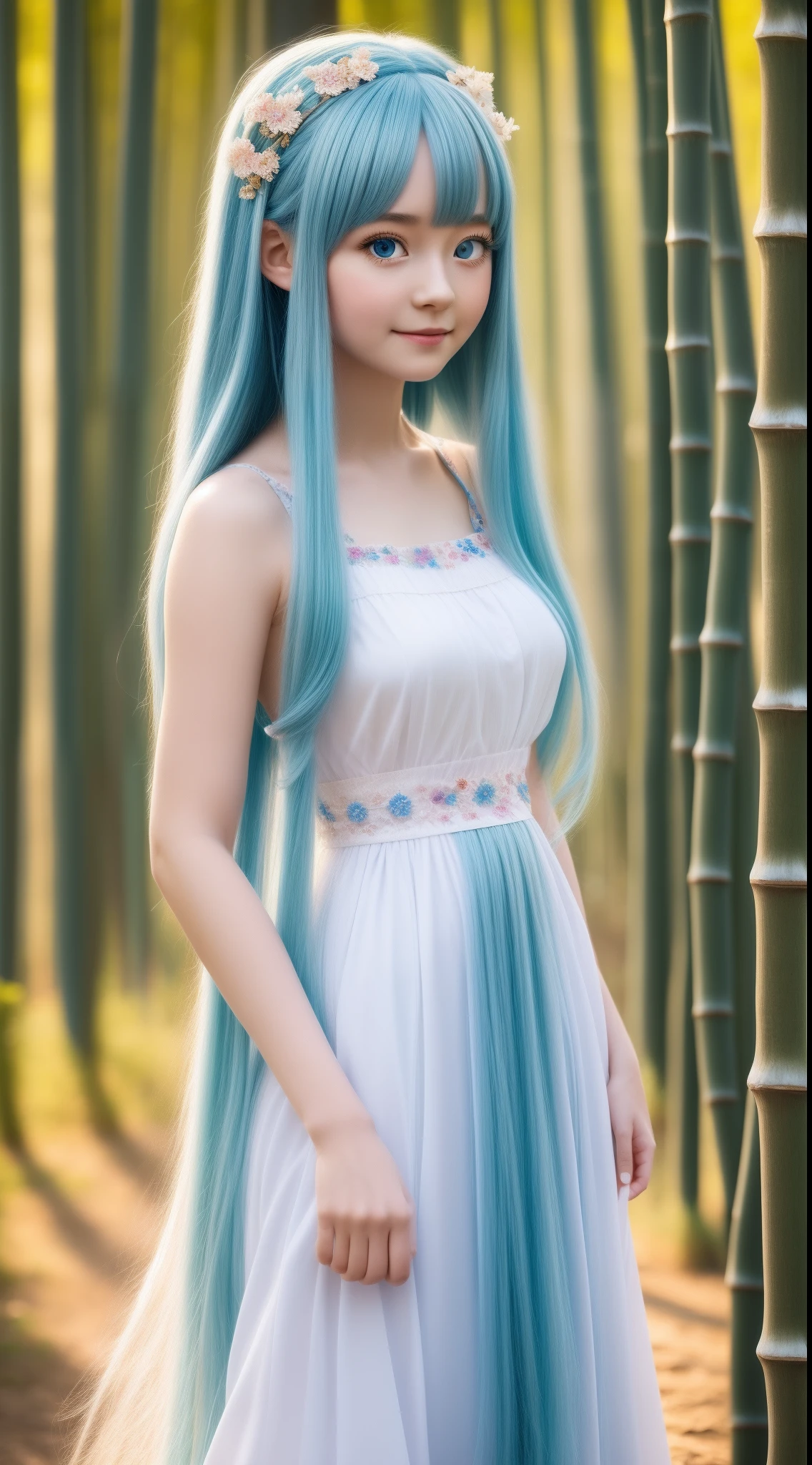 Masterpiece, best quality, official art, 8k wallpaper, highly detailed, illustration, 1 girl, sky blue hair, long hair, detailed eyes, Forrest Gump, bare shoulders, hanfu, lake, pure, soft smile, bamboo, tea