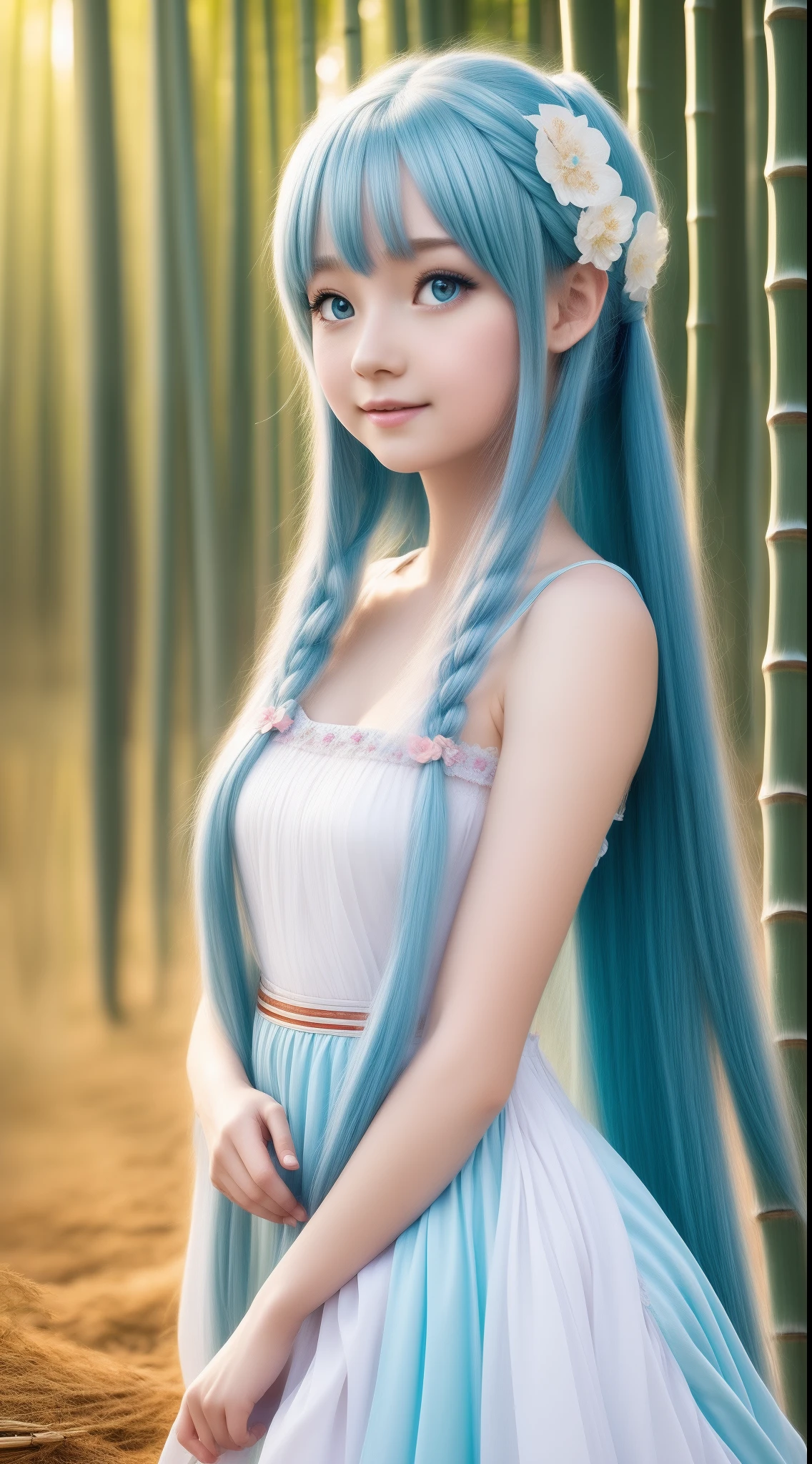 Masterpiece, best quality, official art, 8k wallpaper, highly detailed, illustration, 1 girl, sky blue hair, long hair, detailed eyes, Forrest Gump, bare shoulders, hanfu, lake, pure, soft smile, bamboo, tea