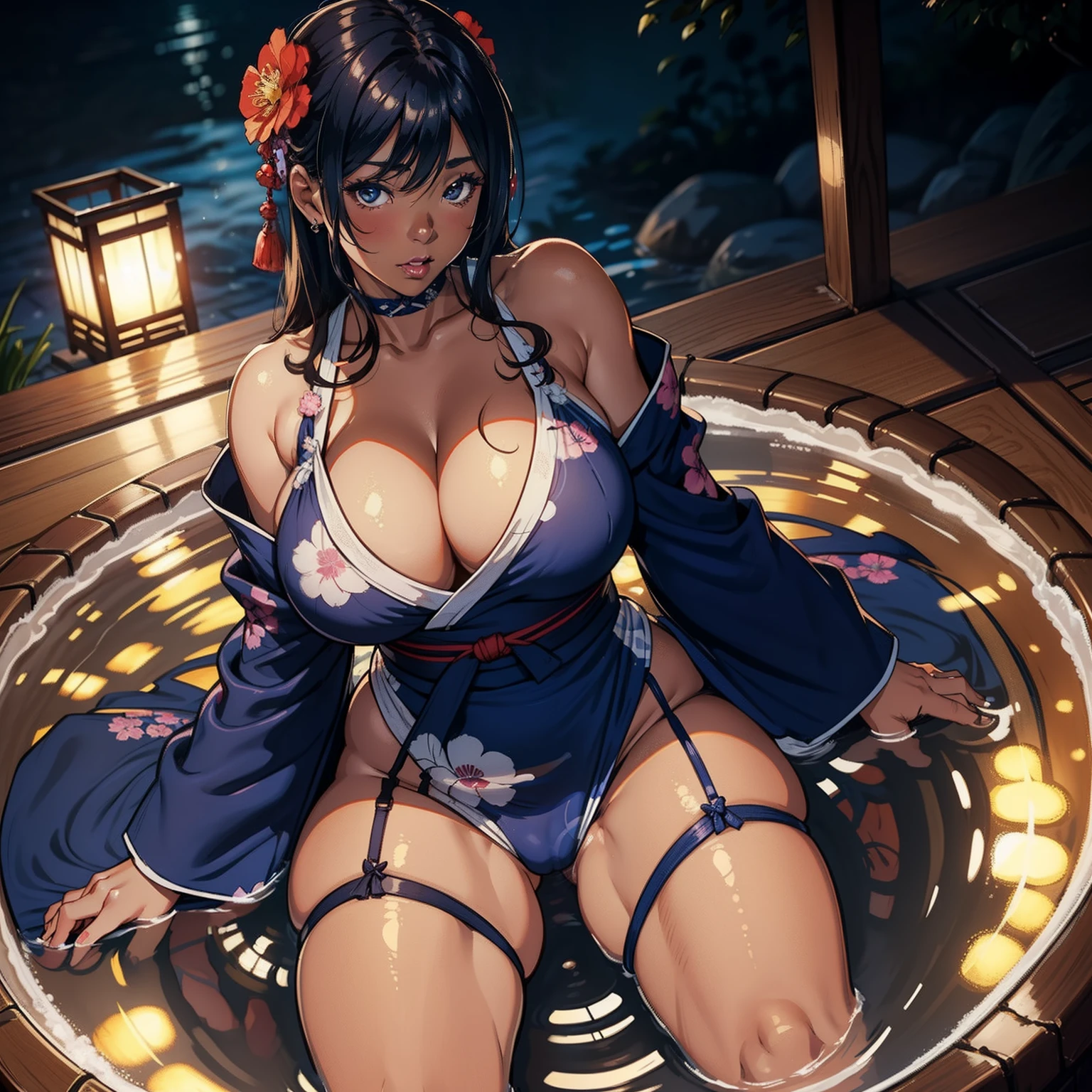 there is a woman that is sitting in a bath tub,(((A MILF: 1.4))), (Curvy:1.35),(((Dark skin))),legs apart,Curvy physique, Fitness model, Thick body,blue yukata, (((cameltoe))),(((Breasts seem to overflow from yukata))),glue on breasts,Black areola ,Japanese onsen, high-end onsen, Onsen, sakimichan, komono, model in Japan,((Sexual suggestiveness))