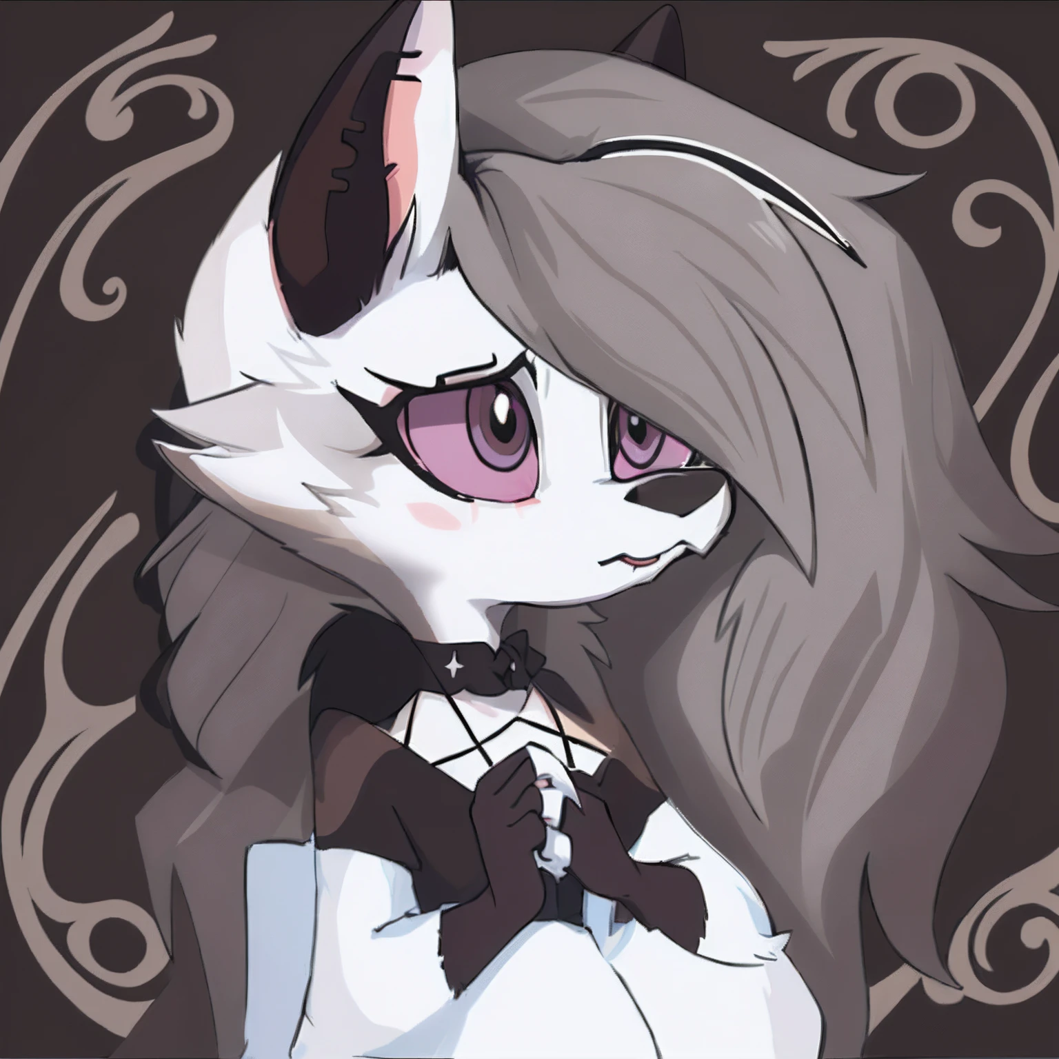 Um close up de um gato dos desenhos animados com um gato preto, raposa branca vampiro, Discord PFP, cruella diabo, anime raposa branca, Neferpitou, lindo lobisomem, fursona, Legoshi, Beastars, gato anime, raposa branca - cabelo, pose sinistra, Abigail Larson, holo is a wolf girl, cel - estilo de arte sombreado