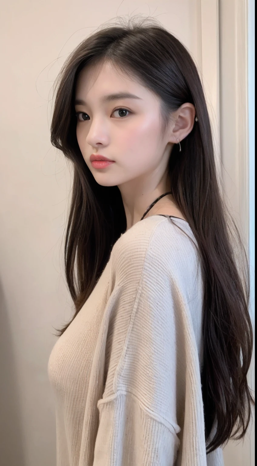 ((Best quality, 8k, Masterpiece :1.3)), 1girl, Pretty woman with emphasizing slender abs :1.3, (random hairstyles, Huge breasts :1.2), Casual outfit :1.2, Indoor, Ultra-detailed face, Detailed eyes, Double eyelid