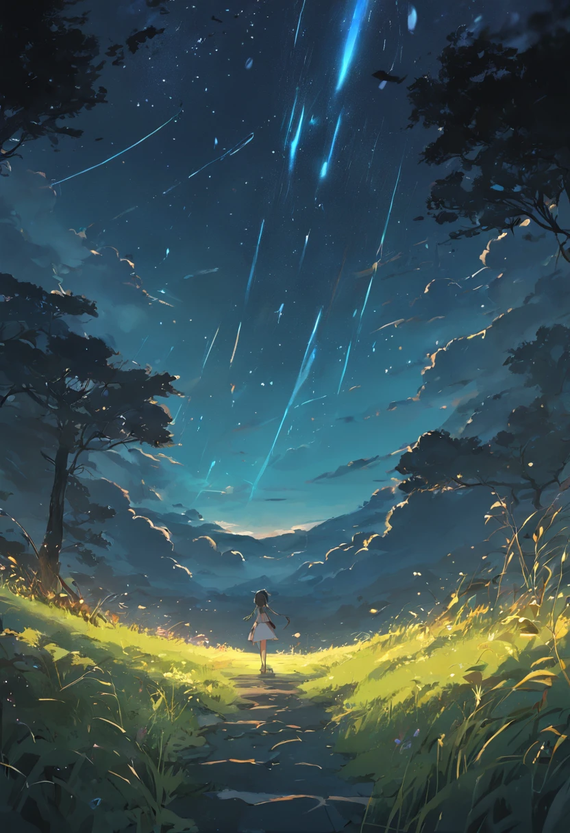 Meadows under dark night sky,Estilo de Makoto Shinkai