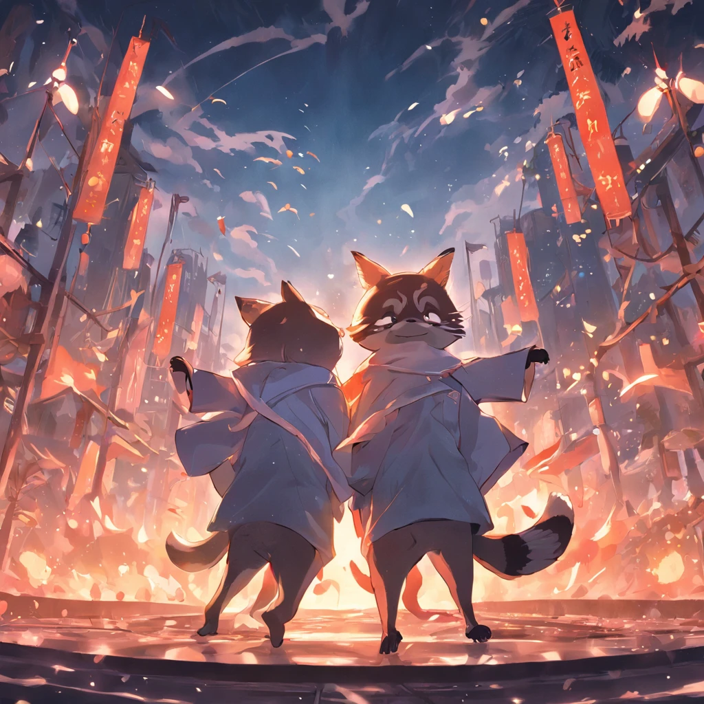 PC desktop，Five raccoons play tai chi in the lower left corner，The background is light，Leave a blank space in the upper right corner