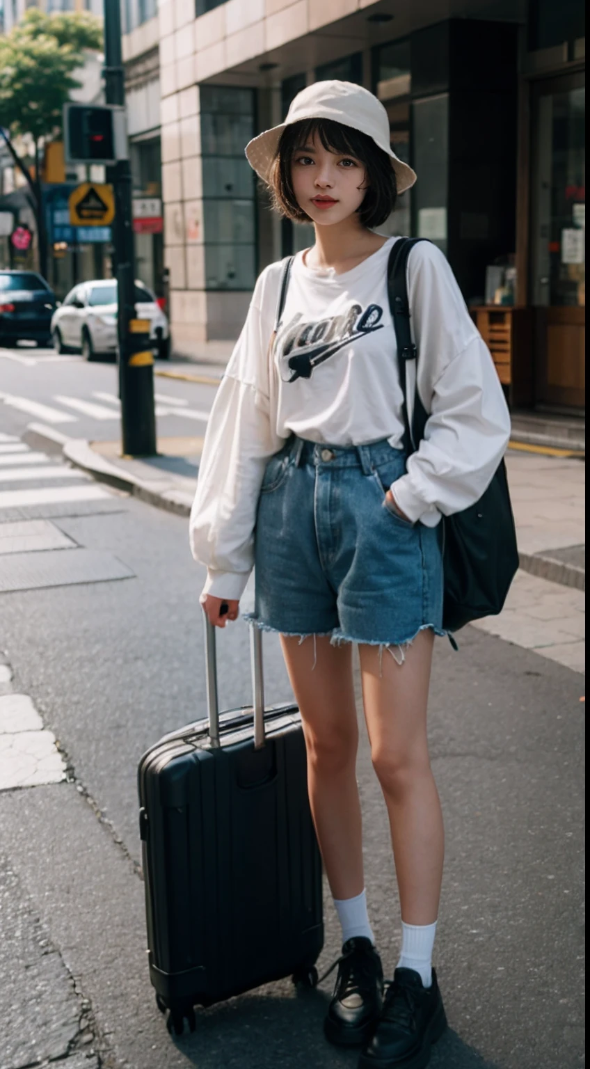 s girl,Photography enthusiasts,bucket-hat,Camera in hand,(Suitcase),gentle and cute,short detailed hair,the city street