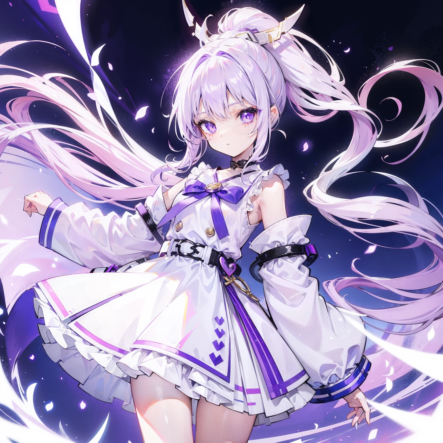Lilac hair and ponytail，Milky white and bright light purple pupils and clothes，Petite figure，Very small, a sweet loli，It's a soft girl