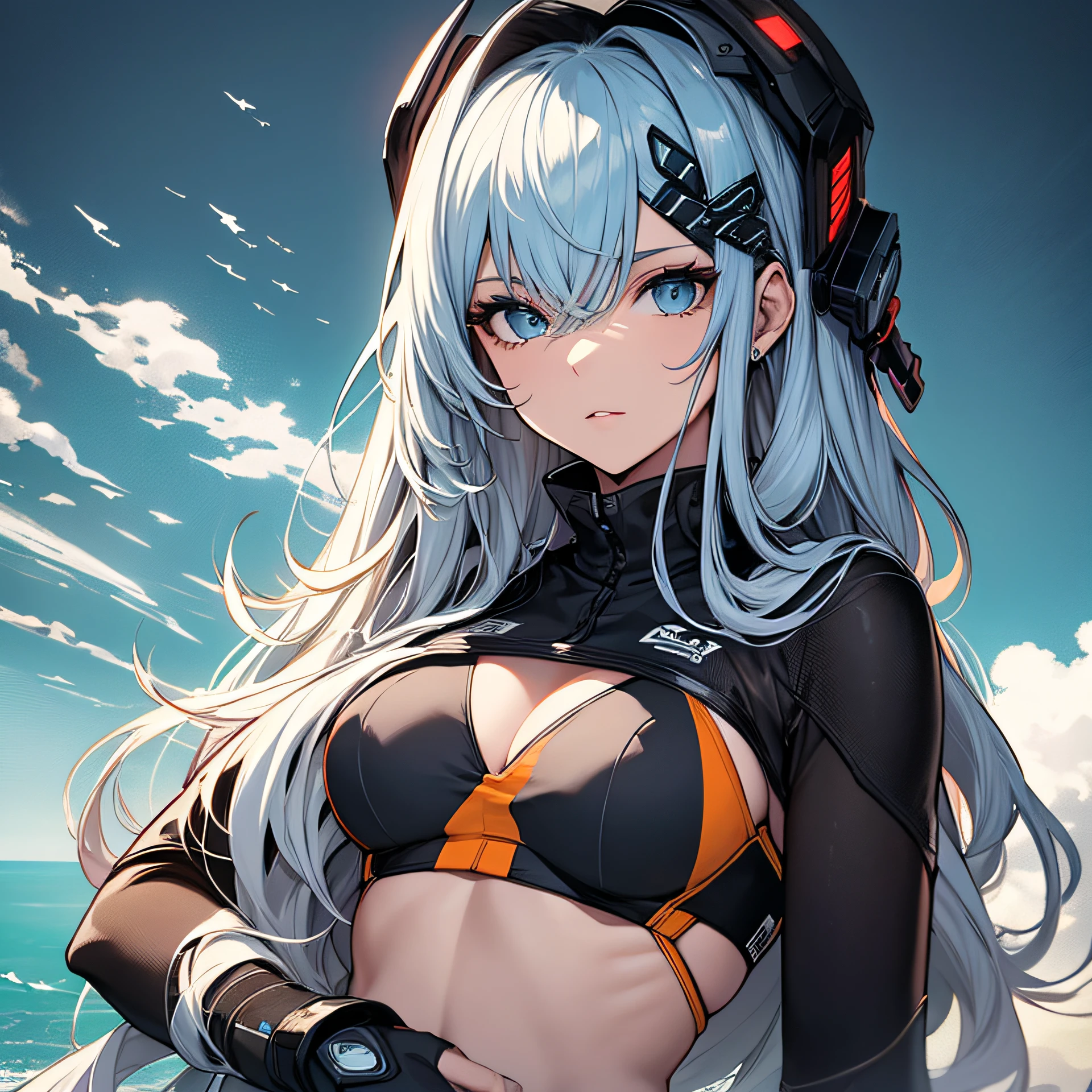((o melhor de sempre)), ((qualidade superior)), master part, oceanpunk, melhor qualidade, garota, cabelos azul, busto, roupas pretas, estilo anime, fundo de oceano