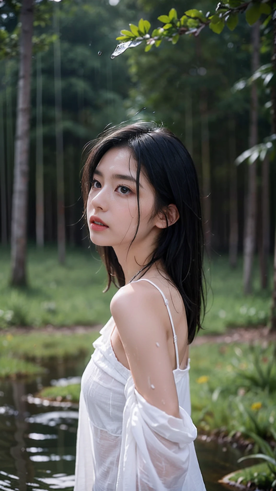 An Asian girl, , wearing a white dress , Photorealistic, Moonlight, DSLR, 2:1, Deep, 2x