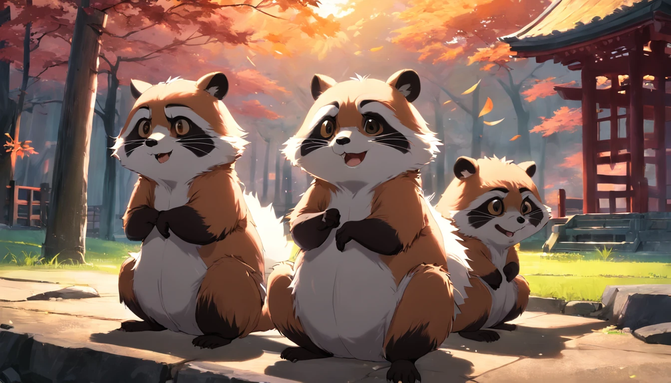 PC desktop，Five raccoons play tai chi in the lower left corner，The background is light，Leave a blank space in the upper right corner