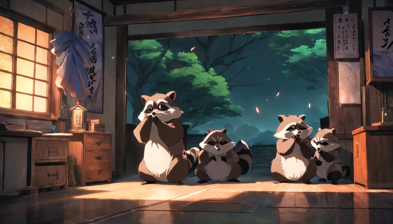 PC desktop,Five raccoons play tai chi in the lower left corner,The background is light,Leave a blank space in the upper right corner