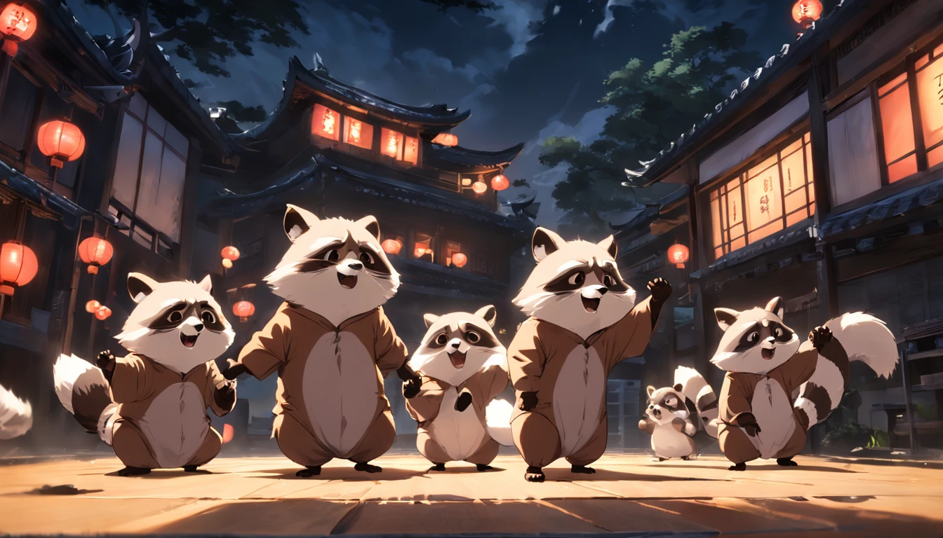 PC desktop,Five raccoons play tai chi in the lower left corner,The background is light,Leave a blank space in the upper right corner