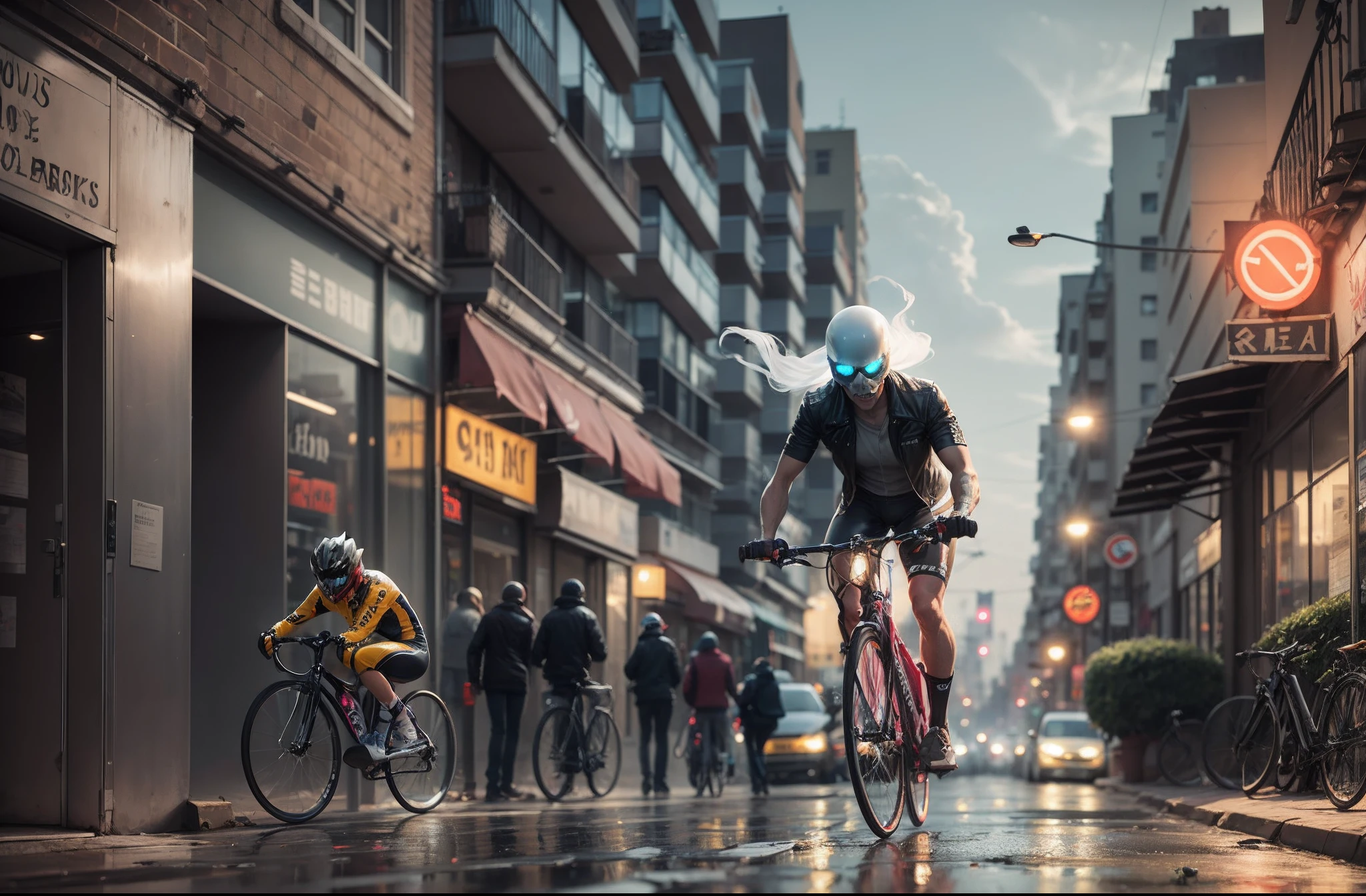 a ghost rider cyclist in a street of a city --auto --s2