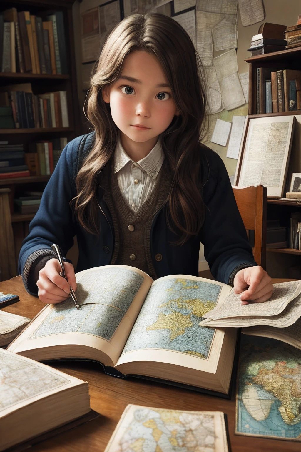 Displayed in Emily's room, Surrounded by maps, old book, and clues. Her face showed fascination and determination,Because she gathers information to find Herobrin's hidden prison. The room was full《My World》Utensils and elements,It is implied that she is ready for future adventures.