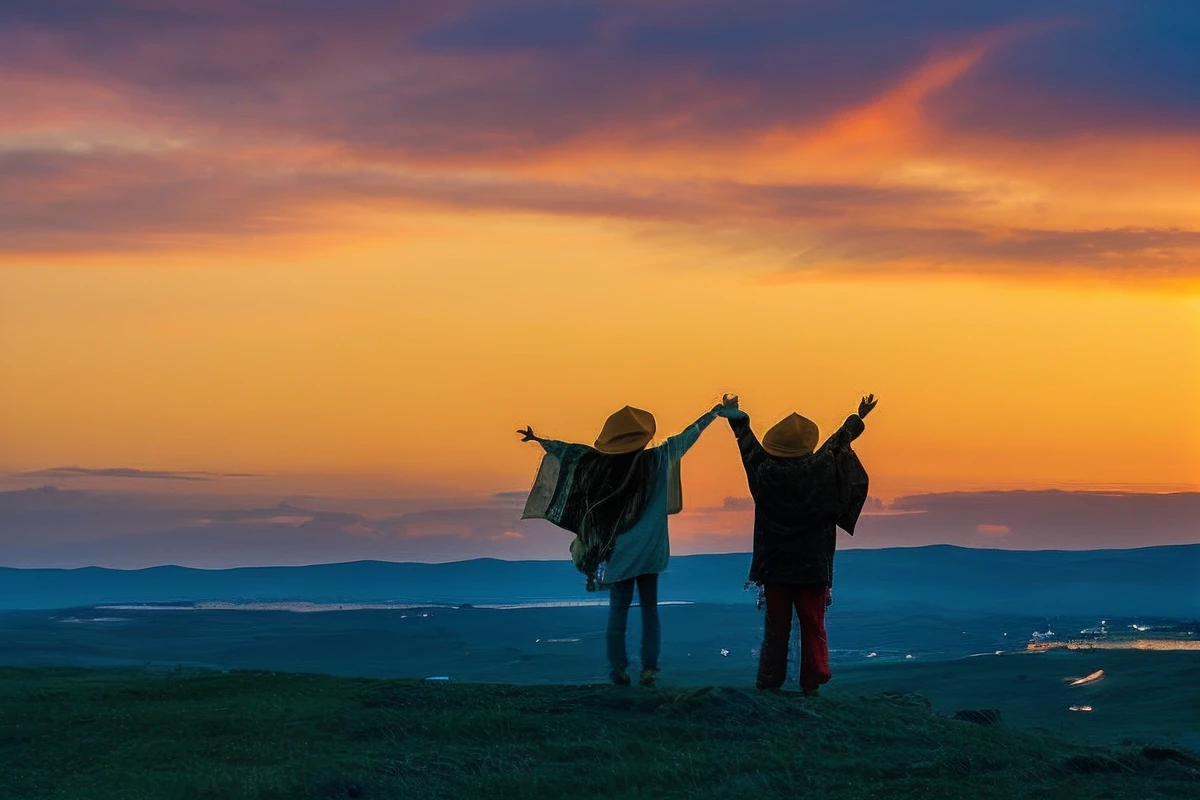 Two people standing on the hill，Raise your arms in the air, Mongolia, as the sun sets on the horizon, unsplash contest winning photo, At sunrise, medium shot photograph, end of day, morning golden hour, author：Dietmar Dammelau, Sunset!, pexels contest winner, end of day, author：Owen Bowen, author：Alexander Runciman