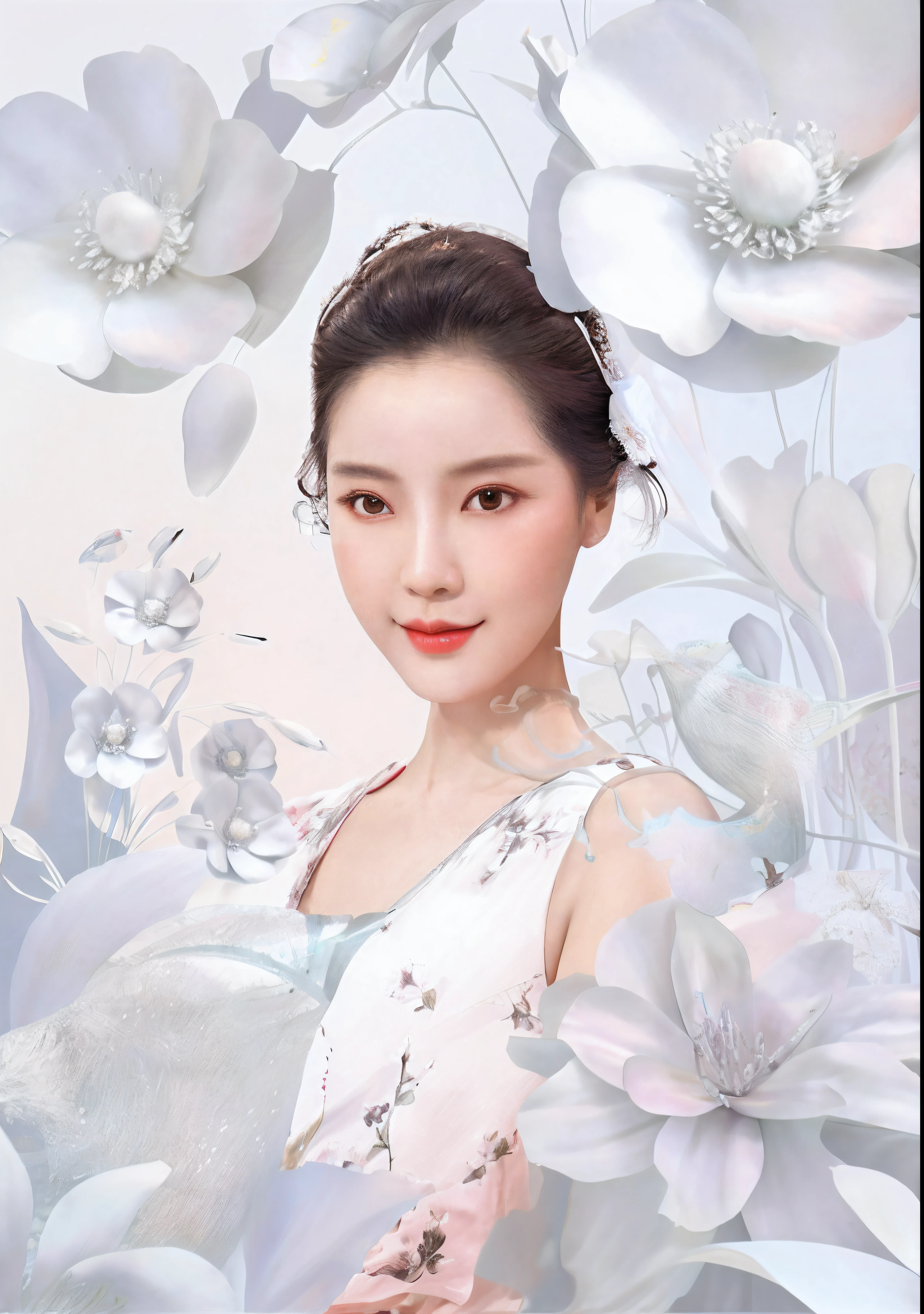 There is a woman in white dress，There are flowers on it, Beautiful digital artwork, digital art of an elegant, A beautiful artwork illustration, Inspired by Huang Ji, Exquisite digital illustration, Porcelain white skin, Inspired by Ai Xuan, Inspired by Tang Yifen, inspired by Wen Jia, beauty campaign, Zhang Jingna, beautiful digital art, White porcelain skin