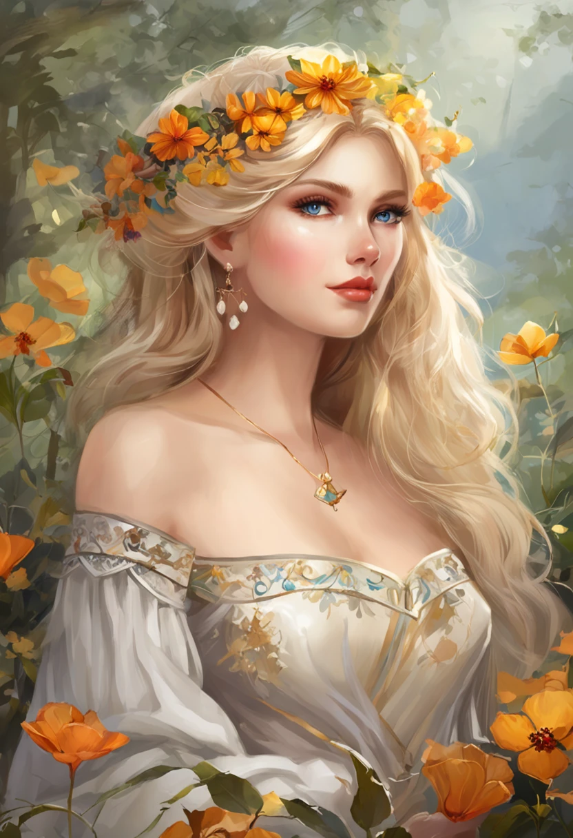 Fairy in the woods,hold a flower, princess portrait, Guviz-style artwork, blond-haired princess, portrait of princess, Guviz, Empress of France, portrait of a princess, portrait of princess zelda, in the art style of bowater, Baroque fluffy skirt,Fantasy art style, beautiful fantasy maiden,Exquisite and perfect facial features,美丽细致的眼睛,long eyelasher,Delicate eyeliner,Blue eyes,Dark pupils,There are bright spots in the eyes,almond eyes,Beautiful lip details,8K high-definition,anatomy correct,Oil painting thick painting style