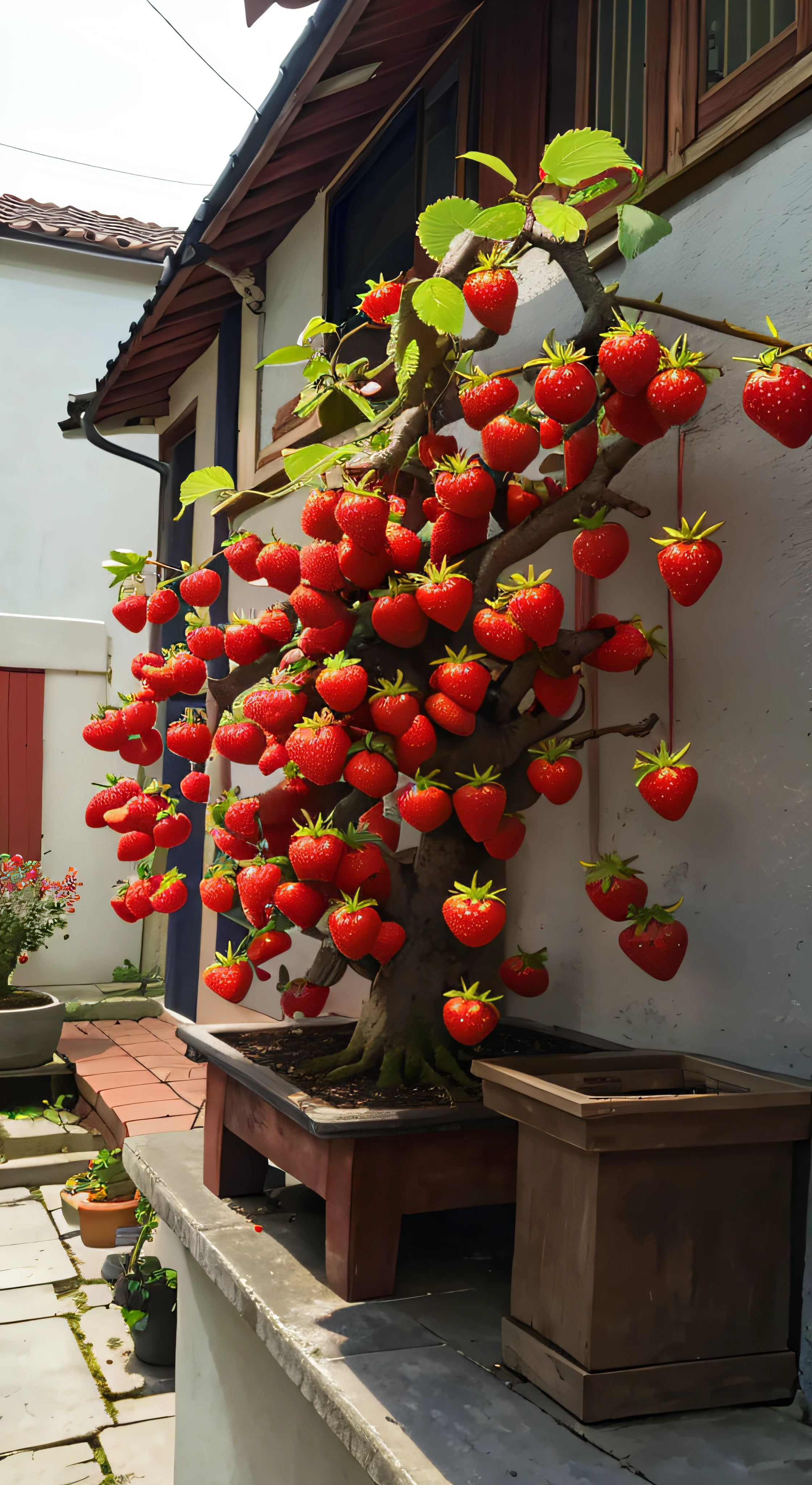 morango,In the yard,Under the eaves,Old building,There are a lot of bonsai,Strawberries are overgrown,red stawberry,green leaf,HighestQuali,A large cluster of strawberries hangs from the tree, morango, berries inside structure, berries dripping, squashed berries dripping, Outstanding detail, berries, fight with strawberries,squashed berries, Clear detail, Fruit,