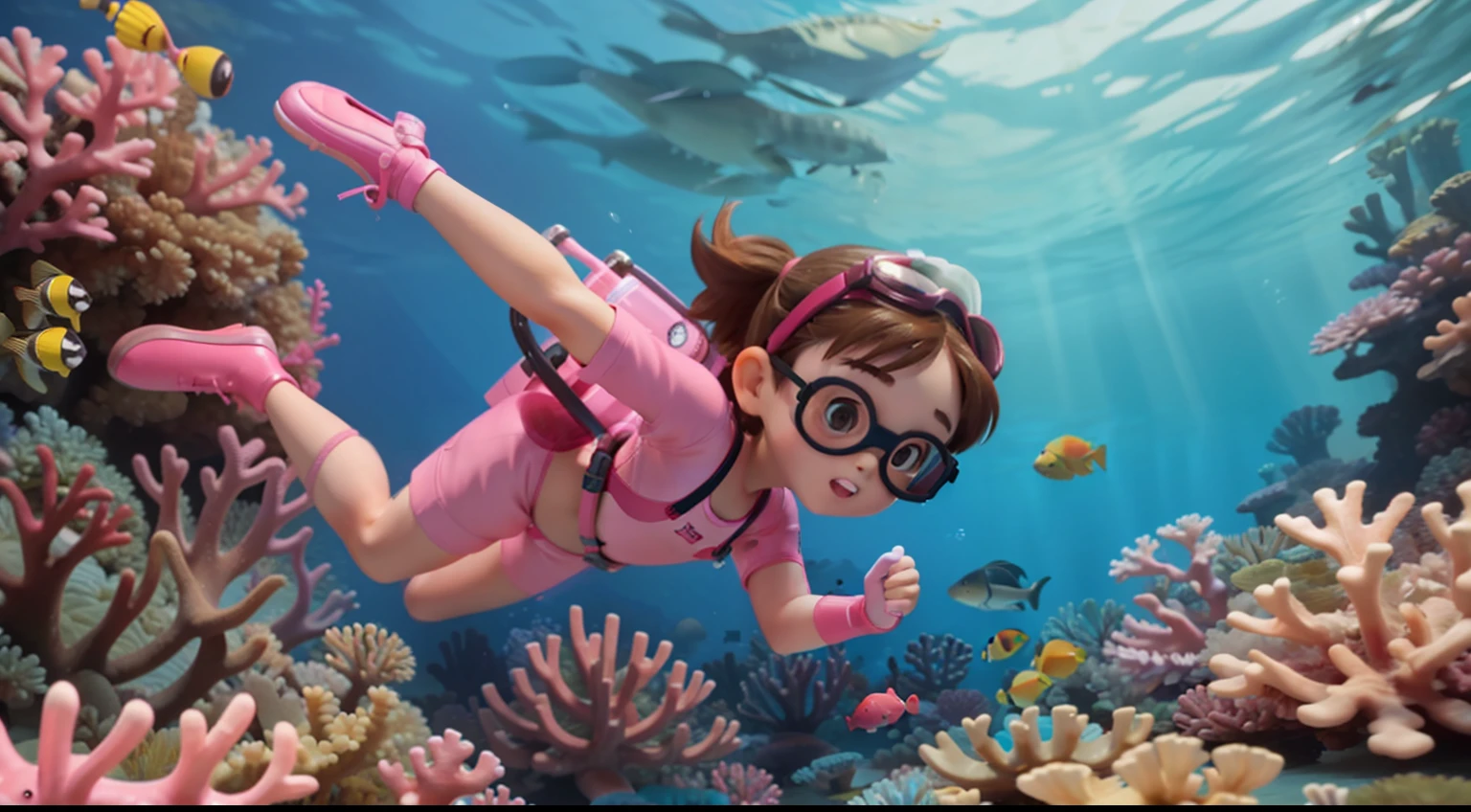 "High quality, masterpiece, 5--old l, brown hair, pink diving suit, diving goggles, pink diving gloves, pink diving shoes, swimming towards the camera, underwater, coral reef, fish."
